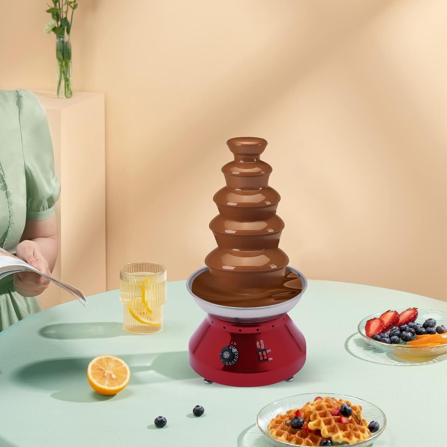 Chocolate Fondue, Electric Chocolate Fountain with Fruit Plate Hot Chocolate Warmer Butter Cheese Melting Tower for Birthday Party Wedding Celebration (3-Tier, Black)