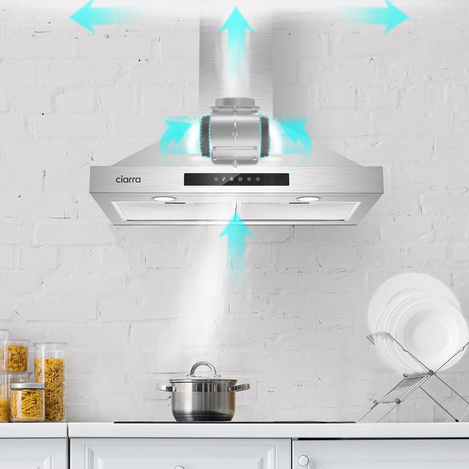 CIARRA Wall Mount Range Hood 30 inch 760m3/h Ducted Convertible Ductless Range Hood Vent in Stainless Steel CAS75308