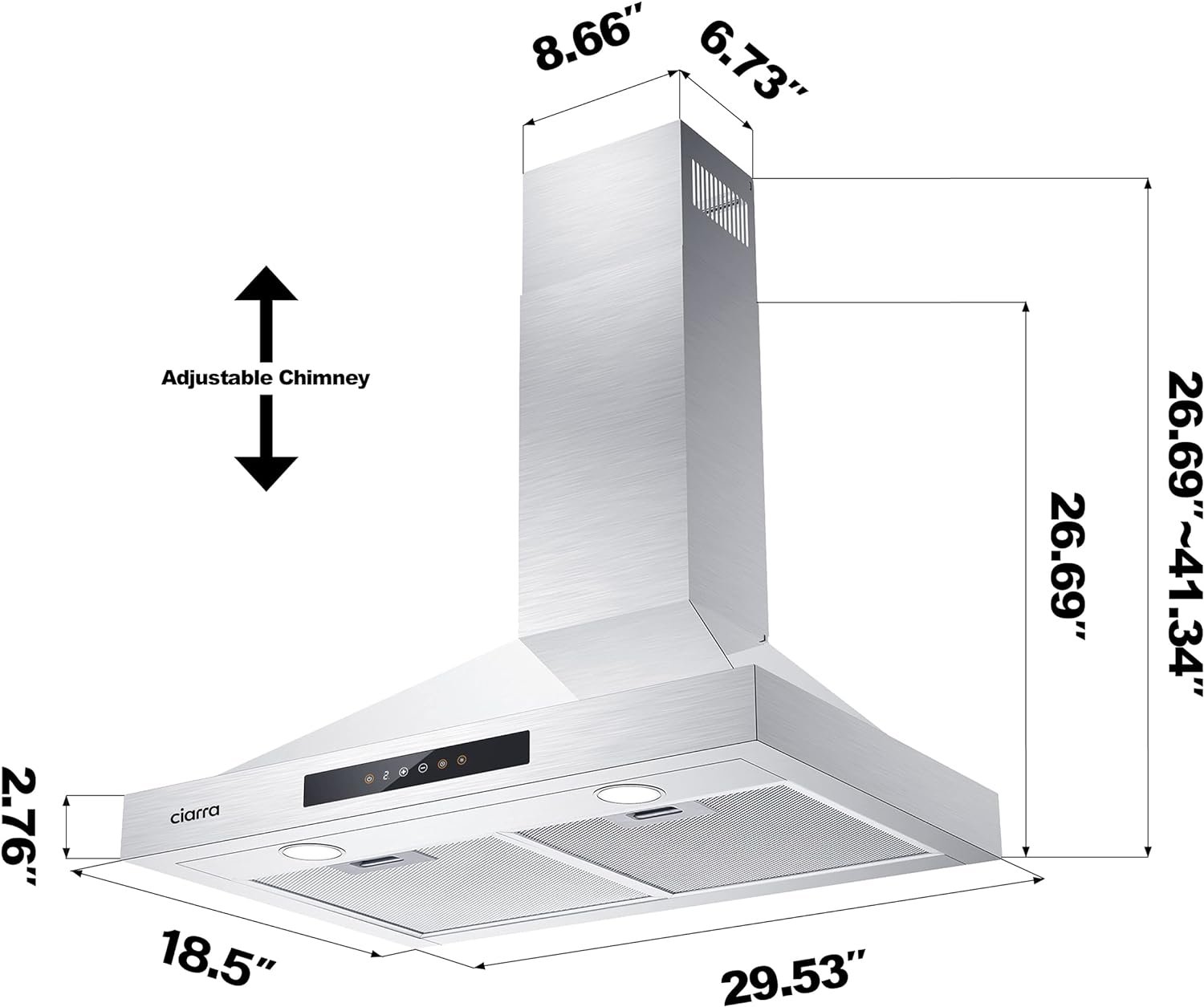 CIARRA Wall Mount Range Hood 30 inch 760m3/h Ducted Convertible Ductless Range Hood Vent in Stainless Steel CAS75308