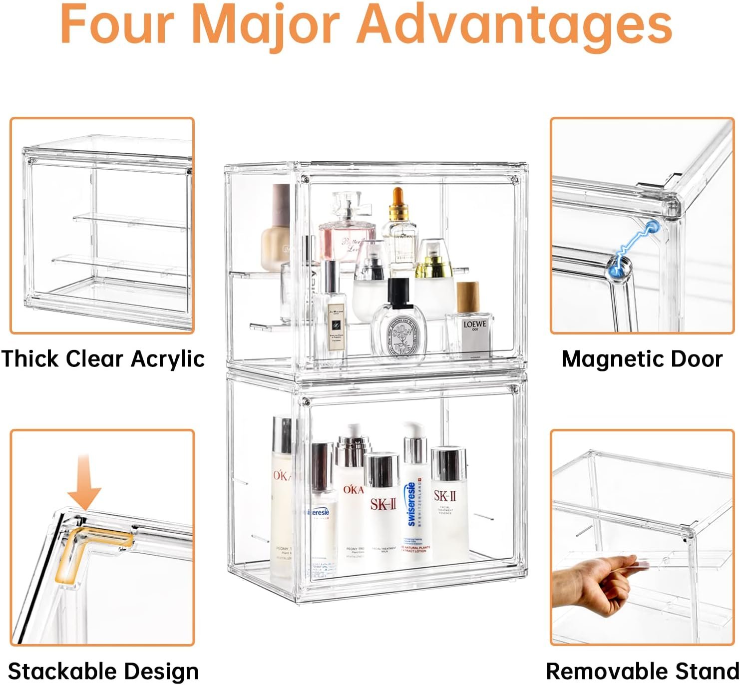 Clear Acrylic Makeup Storage Organizer, 4 Pack Stackable Perfume Organizer with Detachable Stands, Dustproof Cosmetic Display Cases with Magnetic Door for Vanity, Bathroom Countertop