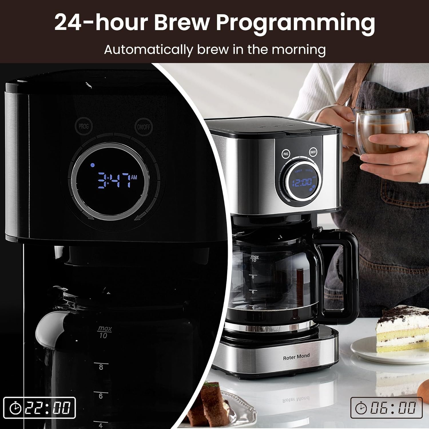 Coffee Maker, 10-Cup Programmable Coffee Machine with Keep Warm Coffee Pot LCD Screen Brew Strength Control, Stainless Steel Anti-Drip Digital Coffee Machine for Home and Office