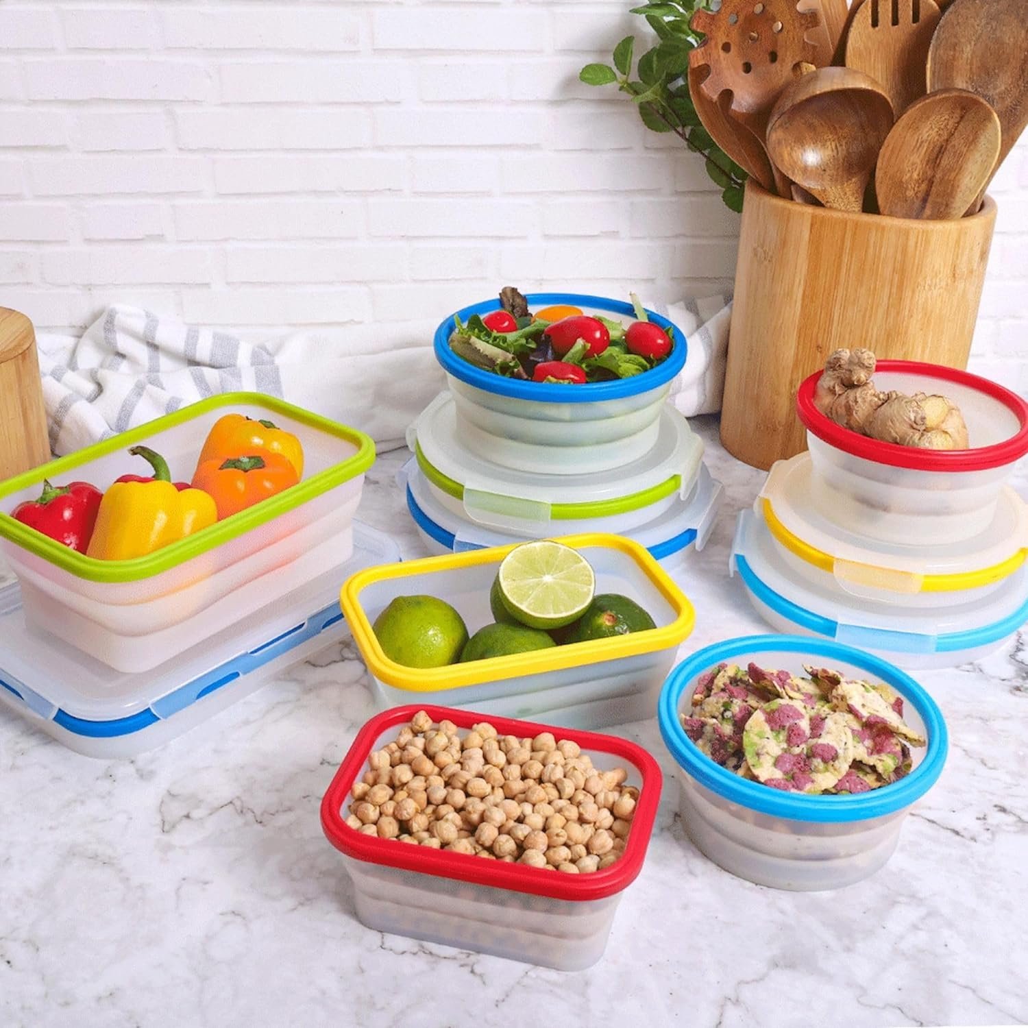 Collapsible Food Storage Containers, Airtight Snap-Top Lids, Microwave, Dishwasher Safe, BPA Free Silicone, Set of 5