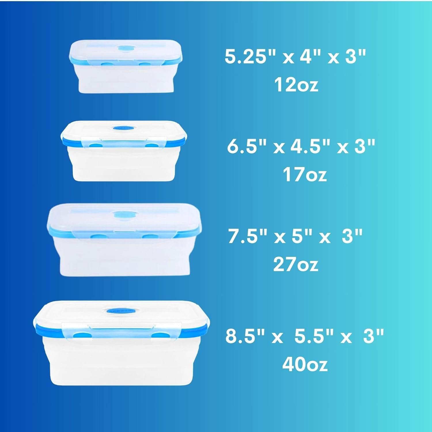 Collapsible Food Storage Containers, Airtight Snap-Top Lids, Microwave, Dishwasher Safe, BPA Free Silicone, Set of 5