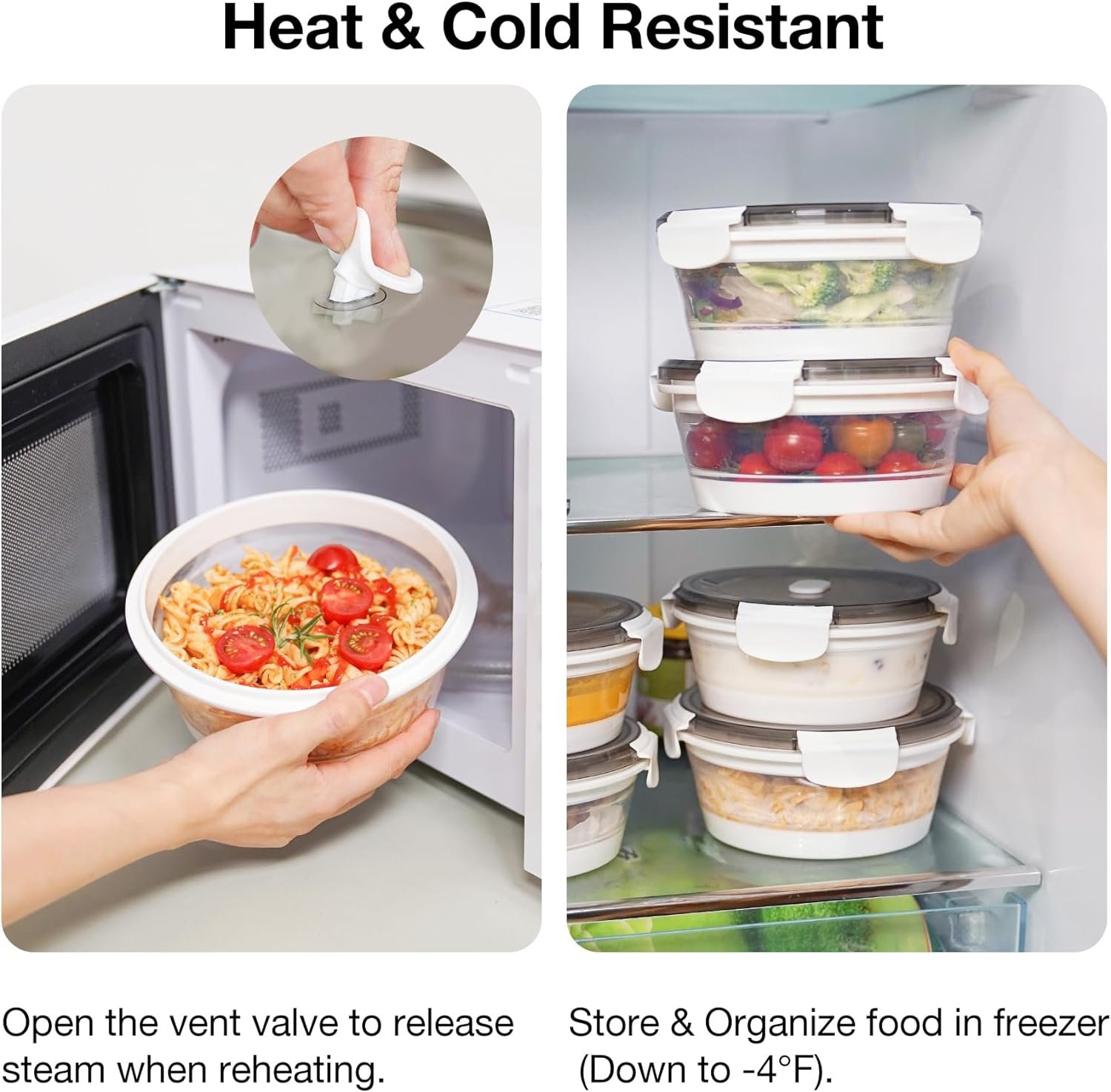 Collapsible Silicone Food Storage Containers Set of 2, Leakproof Bowls for Leftovers, Salad, Fruits, Airtight To-go Box, Dishwasher Microwave Freezer Safe, BPA Free, Medium and Large
