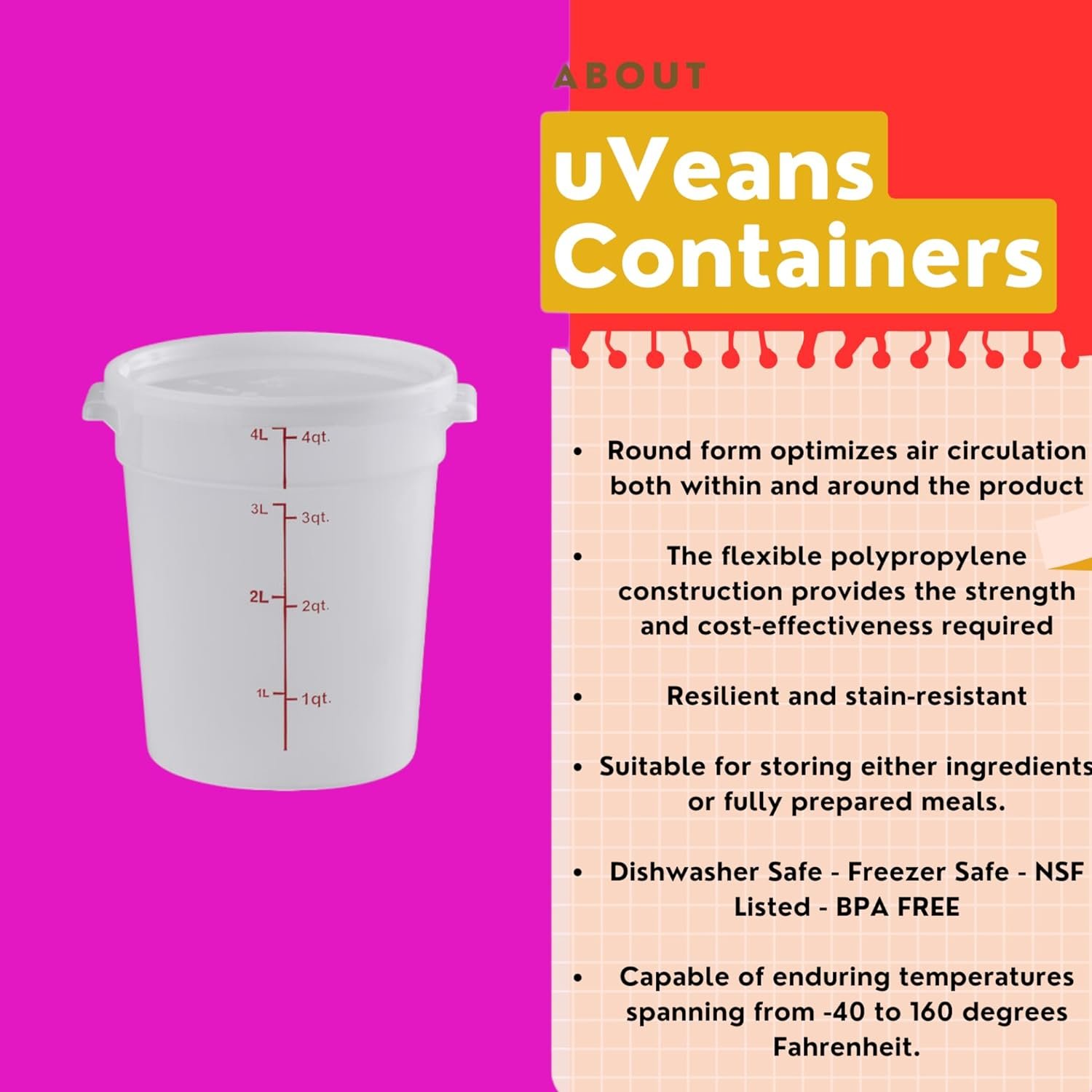 COMBO PACK Square Sous Vide Containers With Lids - 4 Quart Restaurant Supplies Food Containers - 4 Containers and 4 Lids COMBO PACK Square Sous Vide Containers With Lids - 4 Quart Restaurant Supplies Food Containers - 4 Containers and 4 Lids