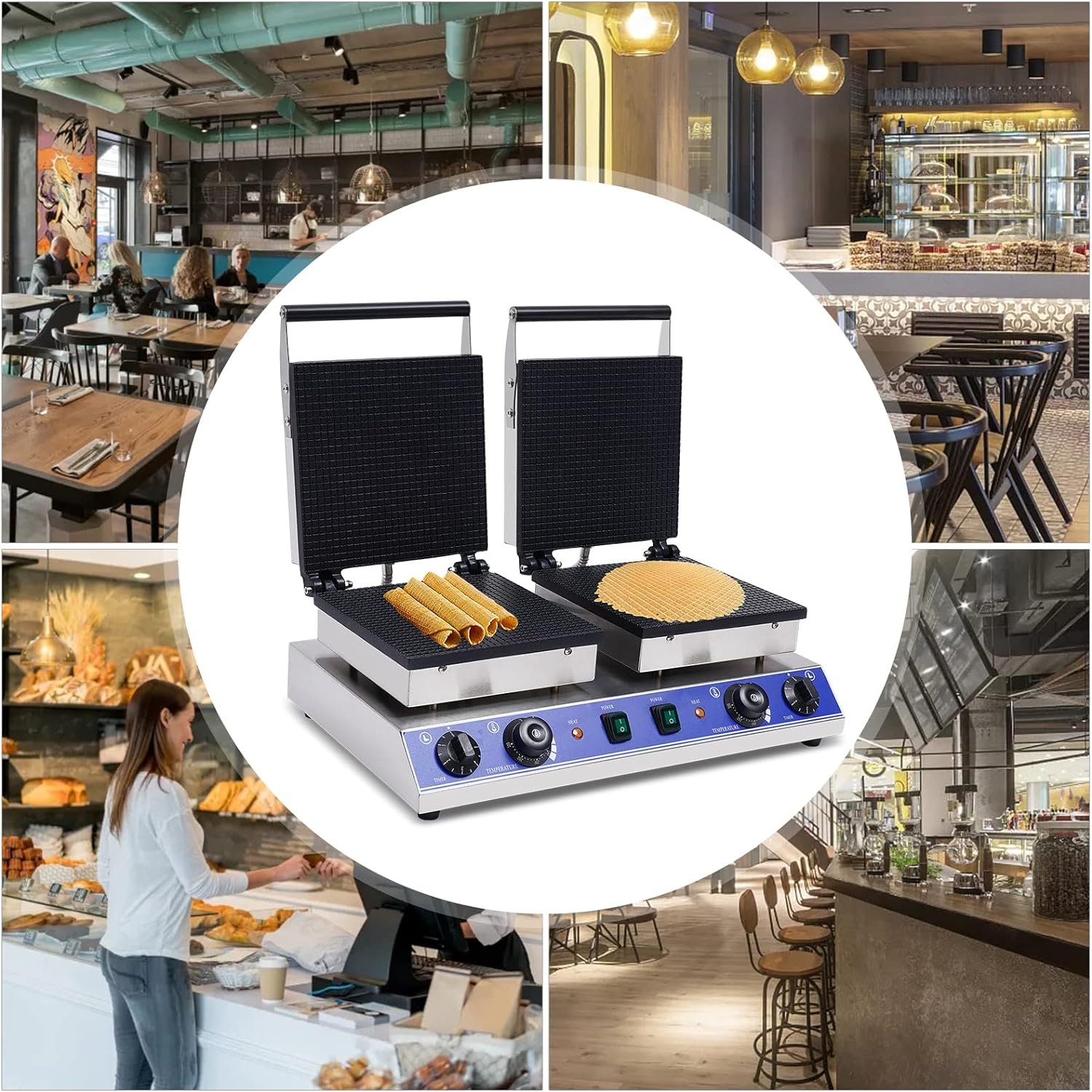 Commercial Double-headed Waffle Maker, Double Waffle Machine 110V Non Stick Electric Muffin Machine, Waffle Machine for Commercial/Household Kitchens, Cafes, Restaurants and Snack Bars