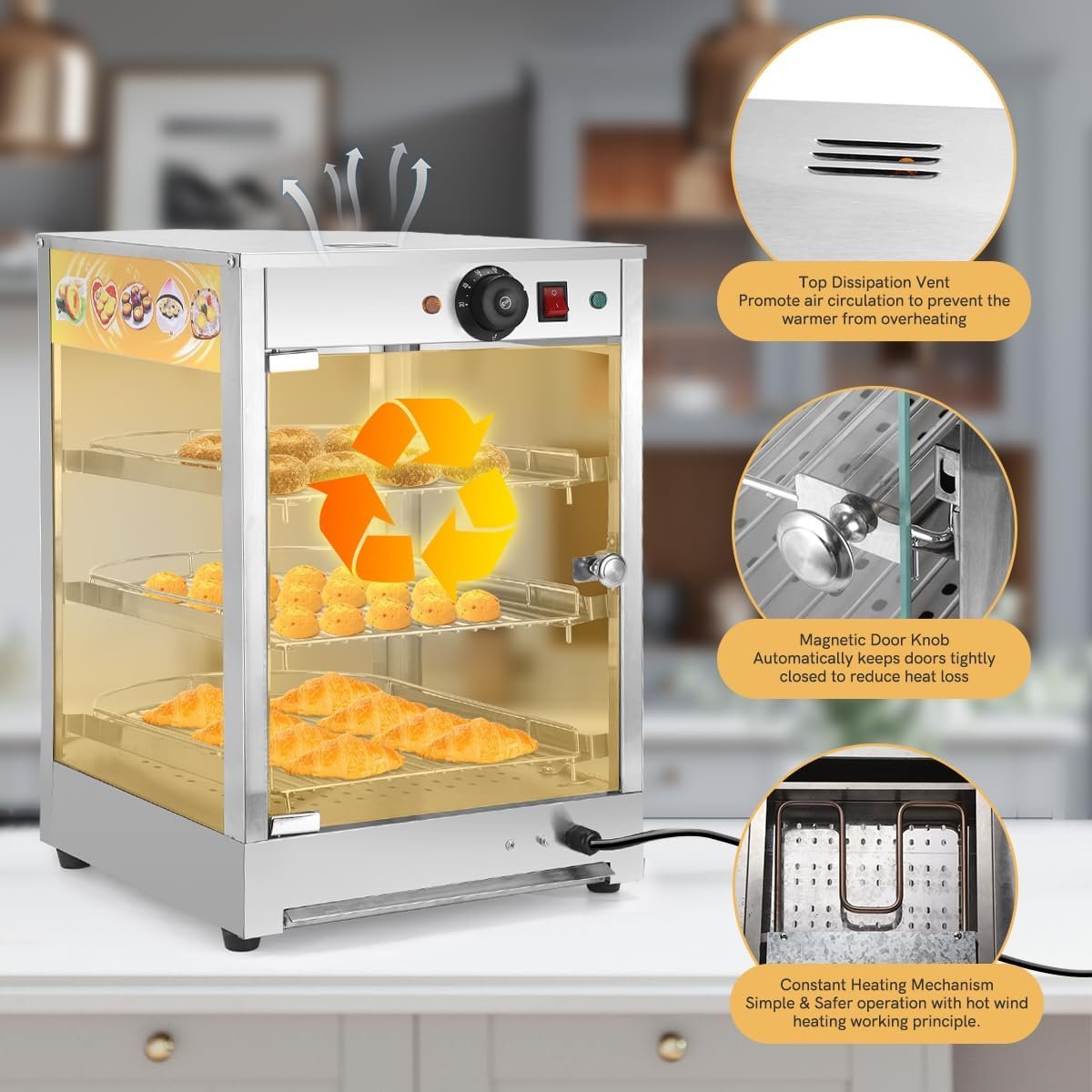 Commercial Food Warmer Countertop, 800W Pizza Food Warmer Display Case, 3-Tier Electric Food Warming Cabinet w/Detachable Wire Trays, Pastry Display Case for Cafe Buffet Restaurant Commercial Food Warmer Countertop, 800W Pizza Food Warmer Display Case, 3-Tier Electric Food Warming Cabinet w/Detachable Wire Trays, Pastry Display Case for Cafe Buffet Restaurant