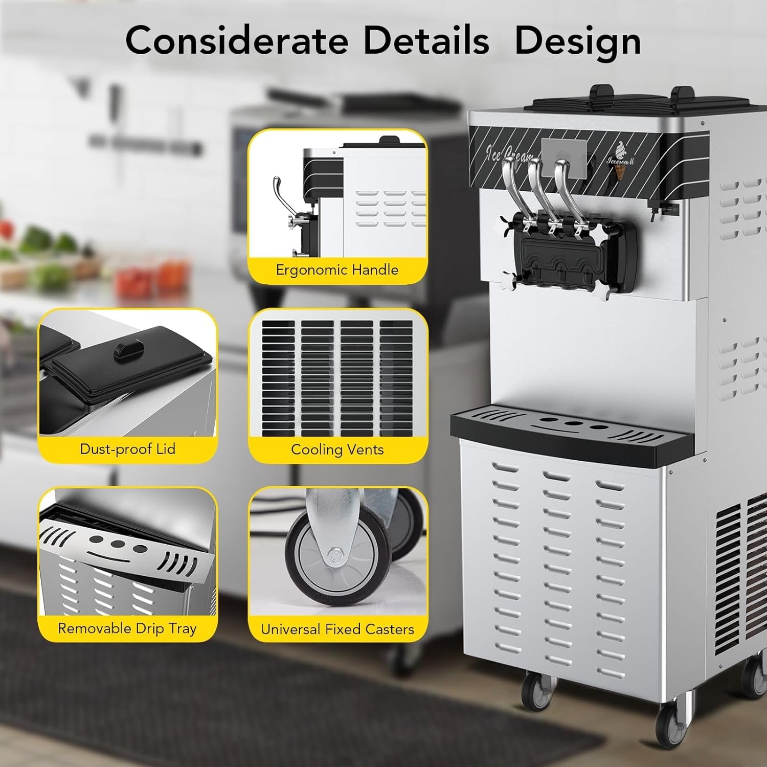 Commercial Ice Cream Machine, 5.8-8Gal/H Yield,3 Flavor Soft Serve Ice Cream Yogurt Machine with 2*7L Hoppers  2*1.8L Cylinders, Pre-Cooling Shortage Alarm for Restaurants Snack Café Supermarkets