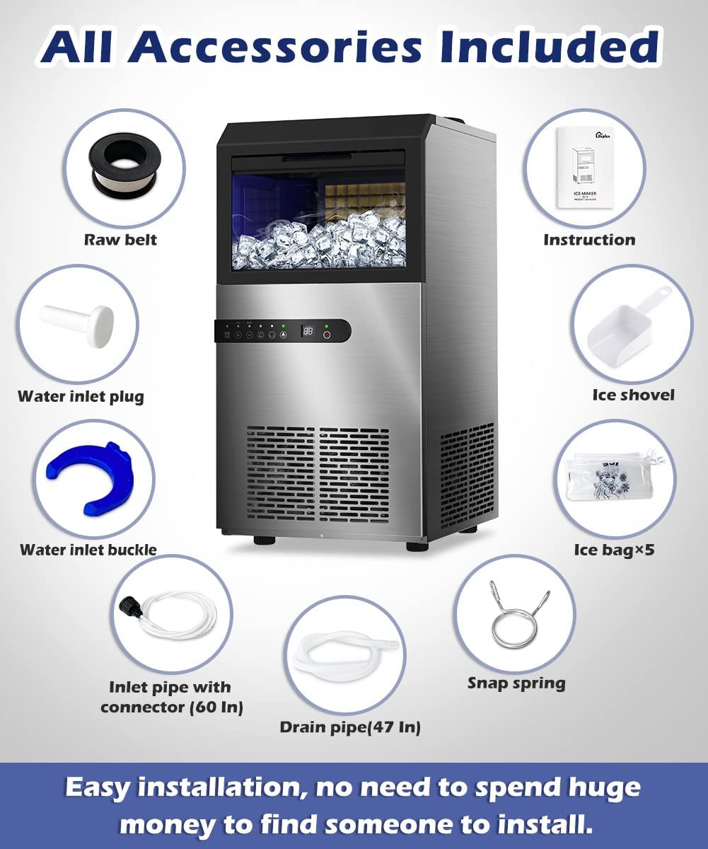 Commercial Ice Maker, 100LBS/24H Under Counter Ice Maker Machine w/Large Ice Bin, 45 Ice Cubes/Cycle, 2 Water Inlet Modes, Self Clean, 24H Timer, Large Ice Makerfor Bar, Coffee Shop