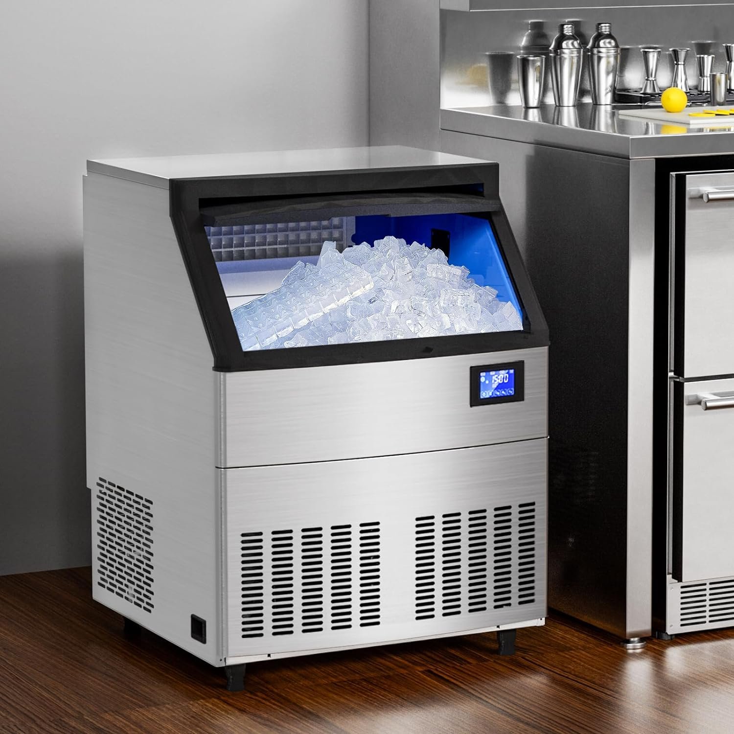 Commercial Ice Maker Machine 320LBS/24H with 80LBS Storage Bin, 26” Air Cooled Under Counter Ice Machine with 10LBS Ice Bags Freestanding Clear Cube Ice Maker for Home Bar Restaurant, 115V