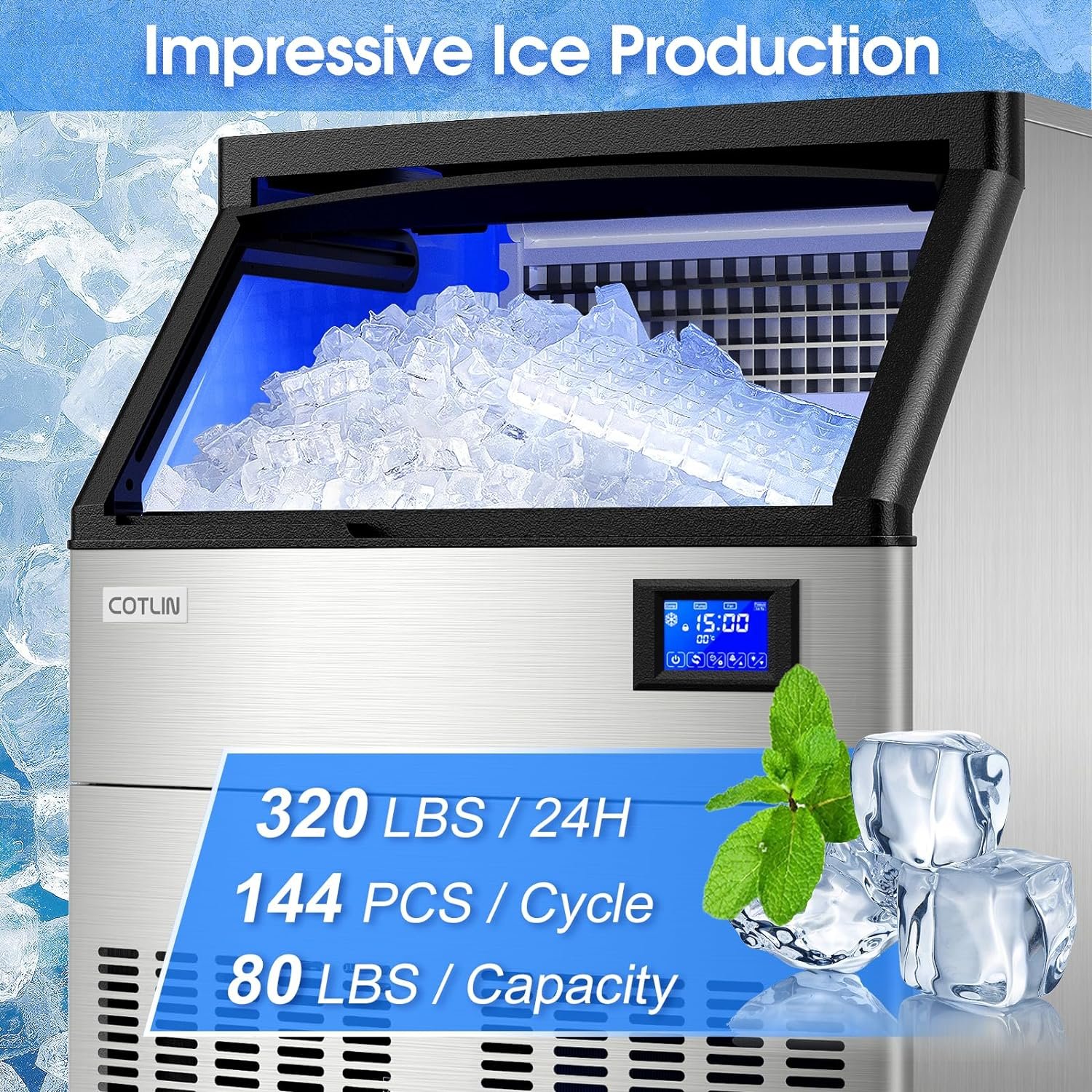 Commercial Ice Maker Machine 320LBS/24H with 80LBS Storage Bin, 26” Air Cooled Under Counter Ice Machine with 10LBS Ice Bags Freestanding Clear Cube Ice Maker for Home Bar Restaurant, 115V