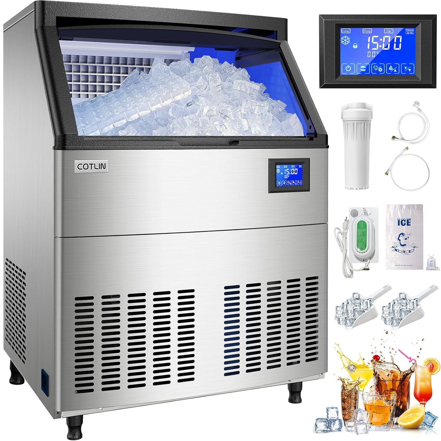 Commercial Ice Maker Machine 320LBS/24H with 80LBS Storage Bin, 26” Air Cooled Under Counter Ice Machine with 10LBS Ice Bags Freestanding Clear Cube Ice Maker for Home Bar Restaurant, 115V