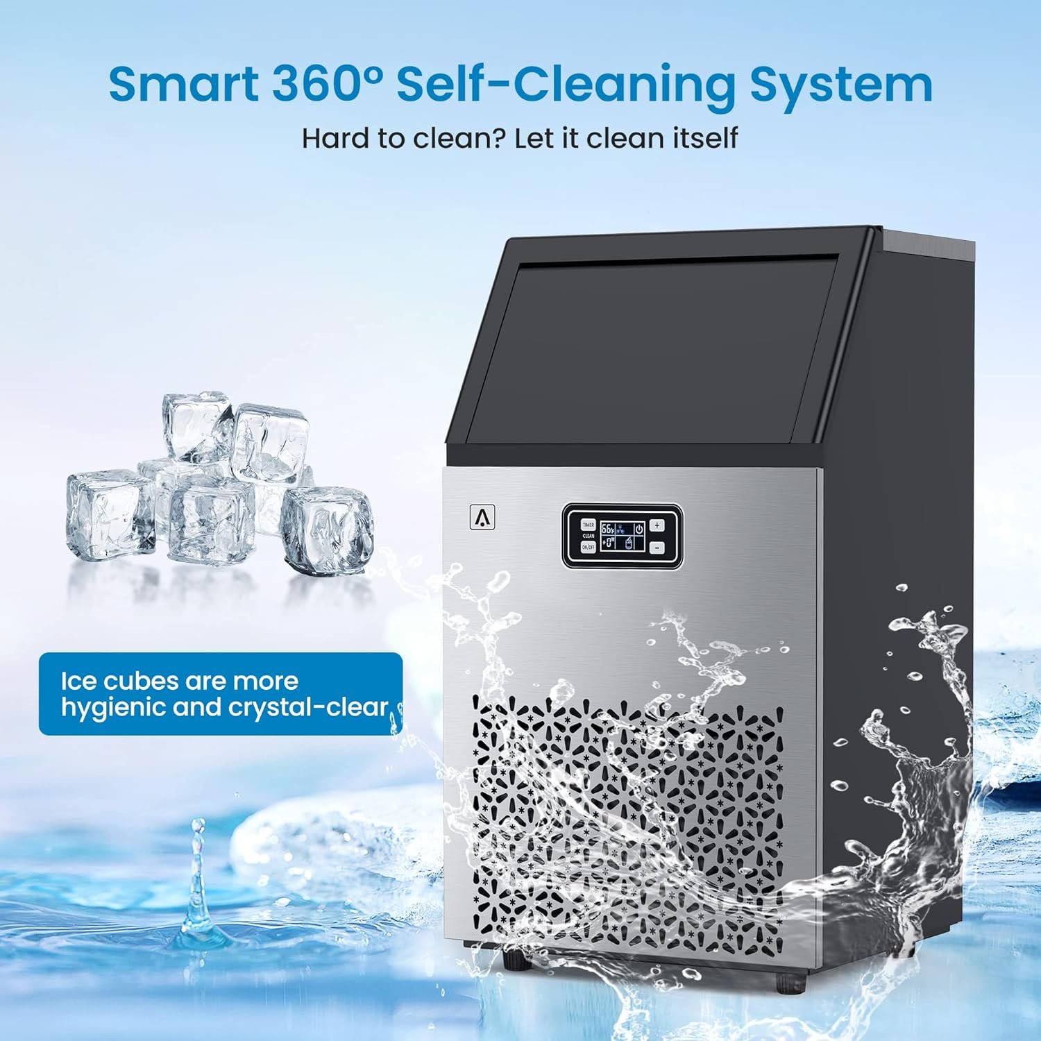 Commercial Ice Maker Machine, Under Counter Ice Maker, 150LBS/24H with 33LBS Ice Storage Bin, Stainless Steel Freestanding Ice Machine with Ice Scoop, Self-Cleaning, for Business and Home Use