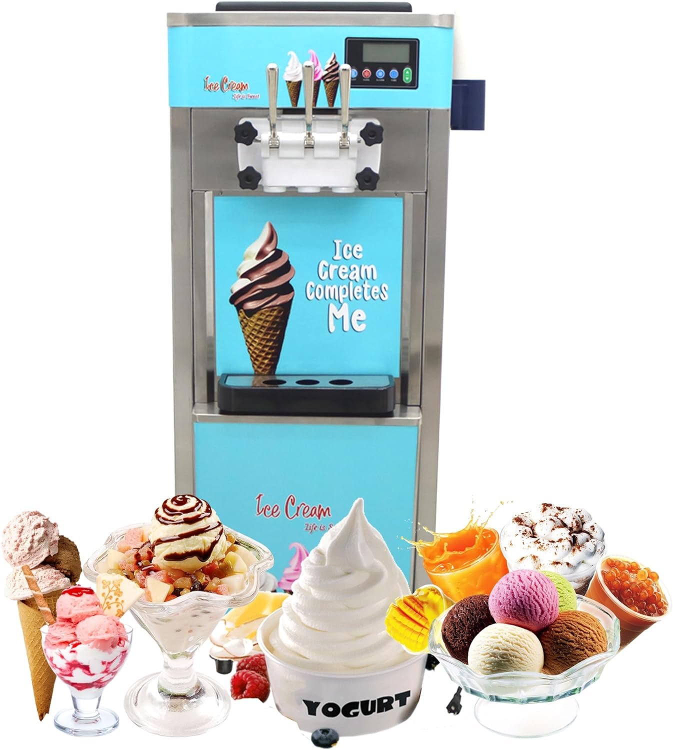 Commercial Soft Serve Ice Cream Machine 3 Flavors Stainless Steel 110V 1800W 20-30L/H Ice Cream Makers Standing Type LCD Panel for Restaurants Supermarket Snack Bar