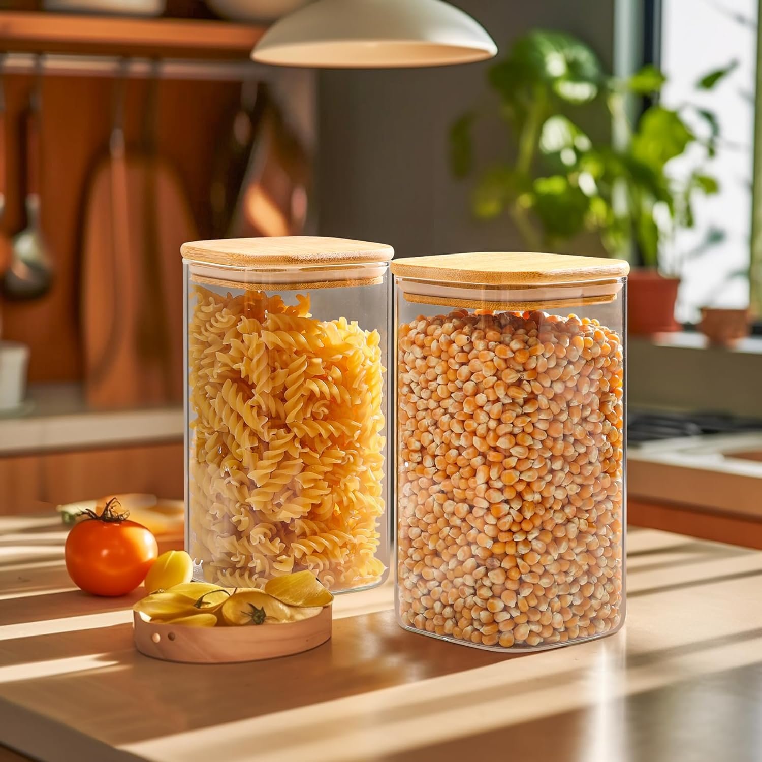 ComSaf 61oz Glass Storage Containers with Lids, Glass Jars with Bamboo Lids, Clear Food Storage Jar, Square Glass Canister Set of 3, Pantry Organizers and Storage for Flour Rice Pasta Tea Coffee Bean