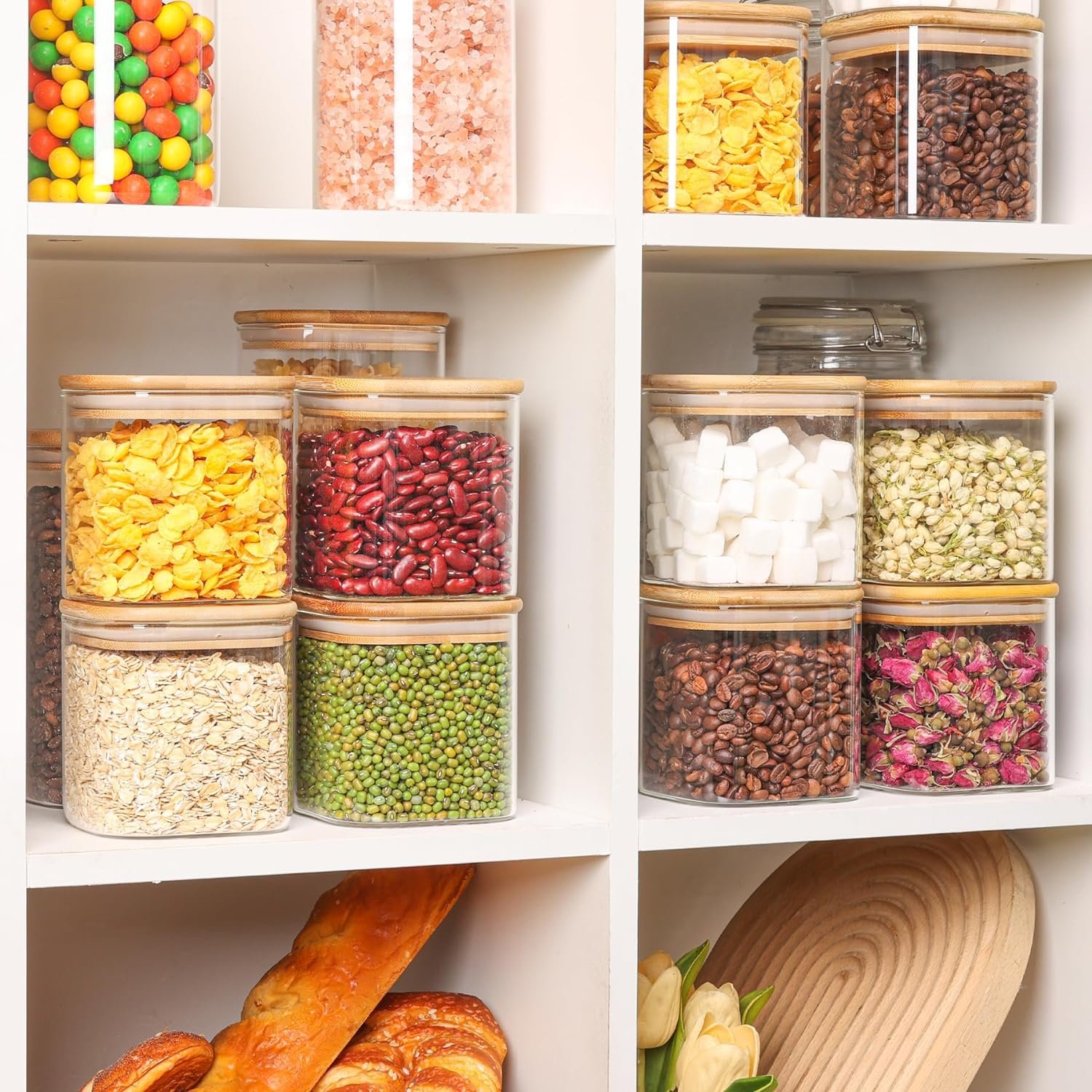 ComSaf 61oz Glass Storage Containers with Lids, Glass Jars with Bamboo Lids, Clear Food Storage Jar, Square Glass Canister Set of 3, Pantry Organizers and Storage for Flour Rice Pasta Tea Coffee Bean