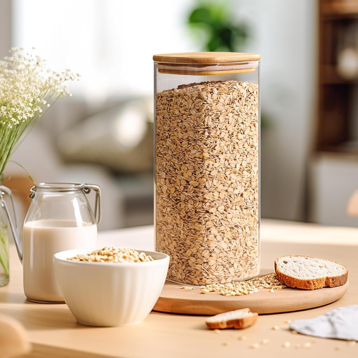 ComSaf 61oz Glass Storage Containers with Lids, Glass Jars with Bamboo Lids, Clear Food Storage Jar, Square Glass Canister Set of 3, Pantry Organizers and Storage for Flour Rice Pasta Tea Coffee Bean