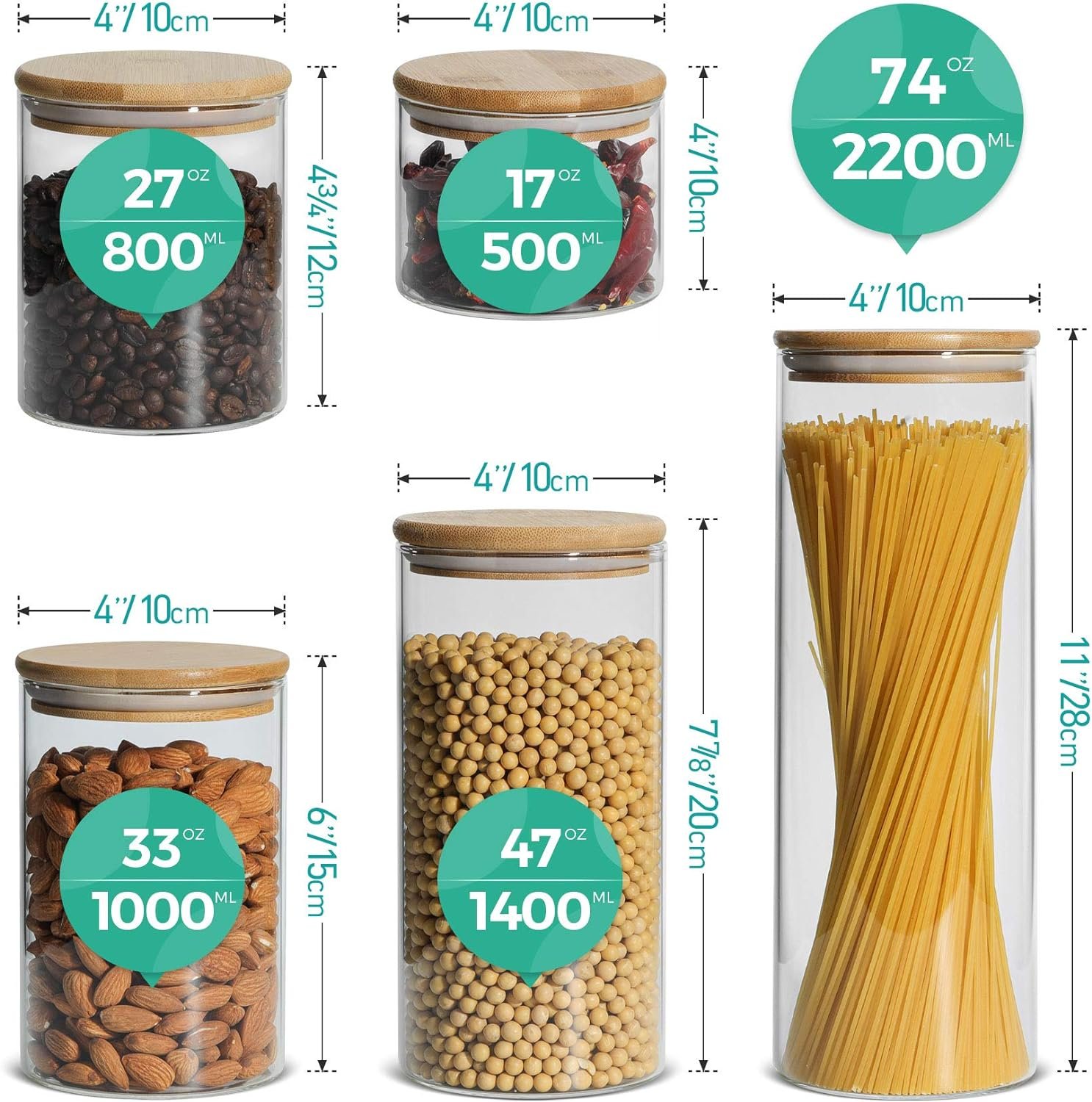 ComSaf Food Storage Container with Airtight Bamboo Lid Set of 6, Clear Glass Canister Food Jar with Sealing Lid Kitchen Pantry Storage Container for Sugar Flour Cereal Pasta Snack Coffee Beans