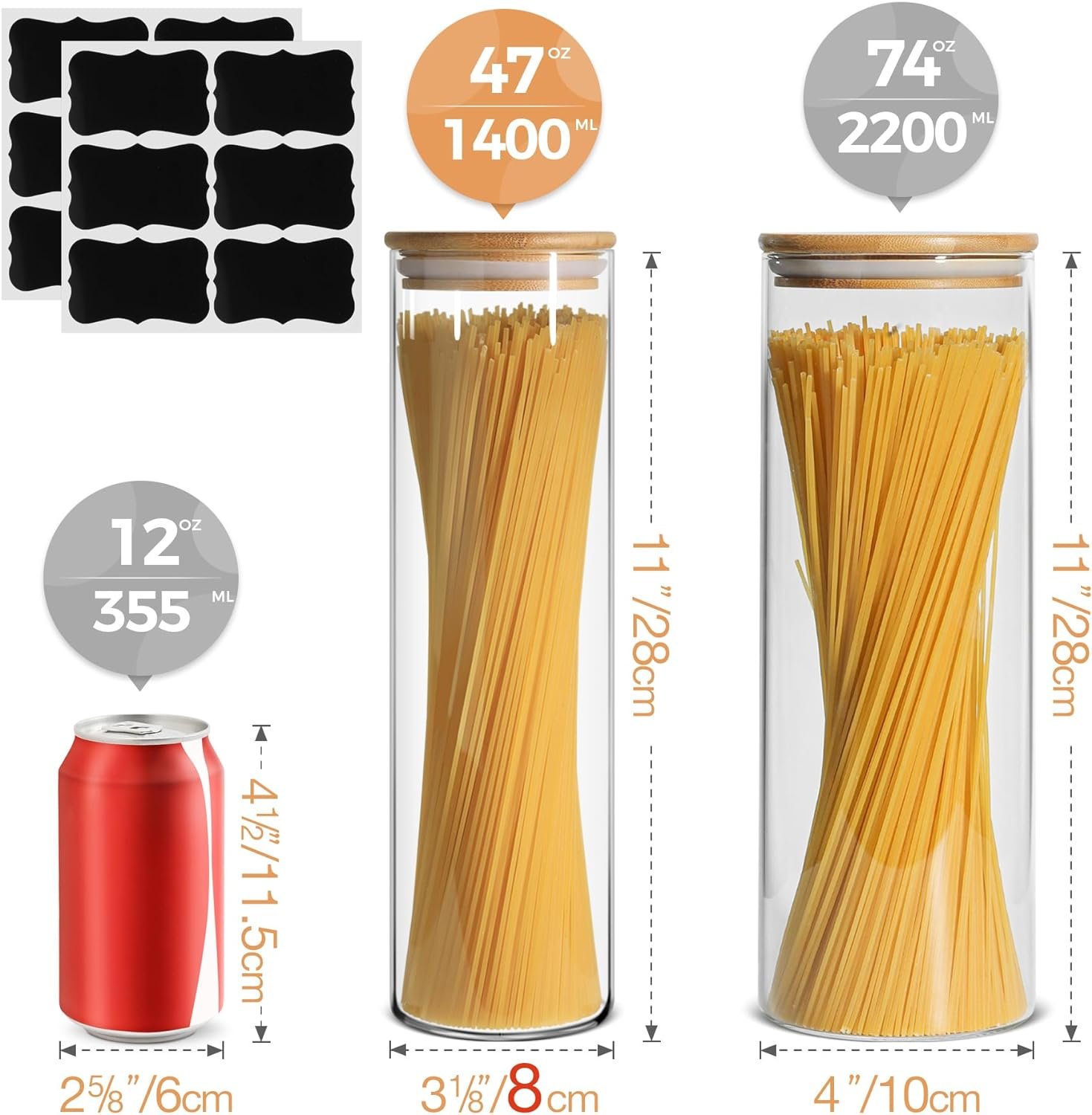 ComSaf Food Storage Container with Airtight Bamboo Lid Set of 6, Clear Glass Canister Food Jar with Sealing Lid Kitchen Pantry Storage Container for Sugar Flour Cereal Pasta Snack Coffee Beans