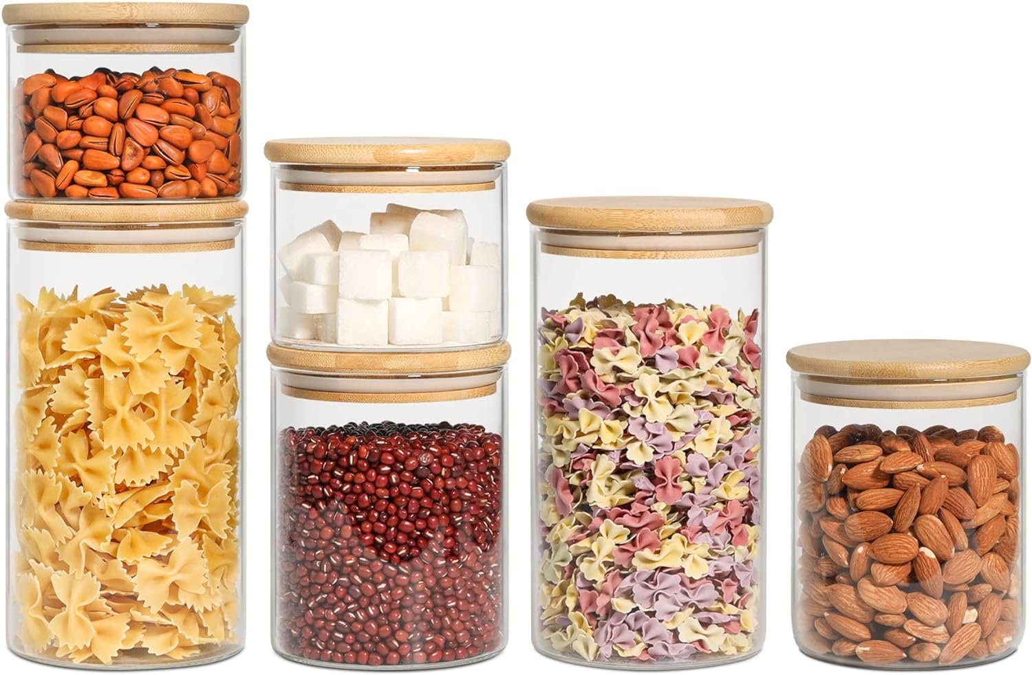 ComSaf Food Storage Container with Airtight Bamboo Lid Set of 6, Clear Glass Canister Food Jar with Sealing Lid Kitchen Pantry Storage Container for Sugar Flour Cereal Pasta Snack Coffee Beans