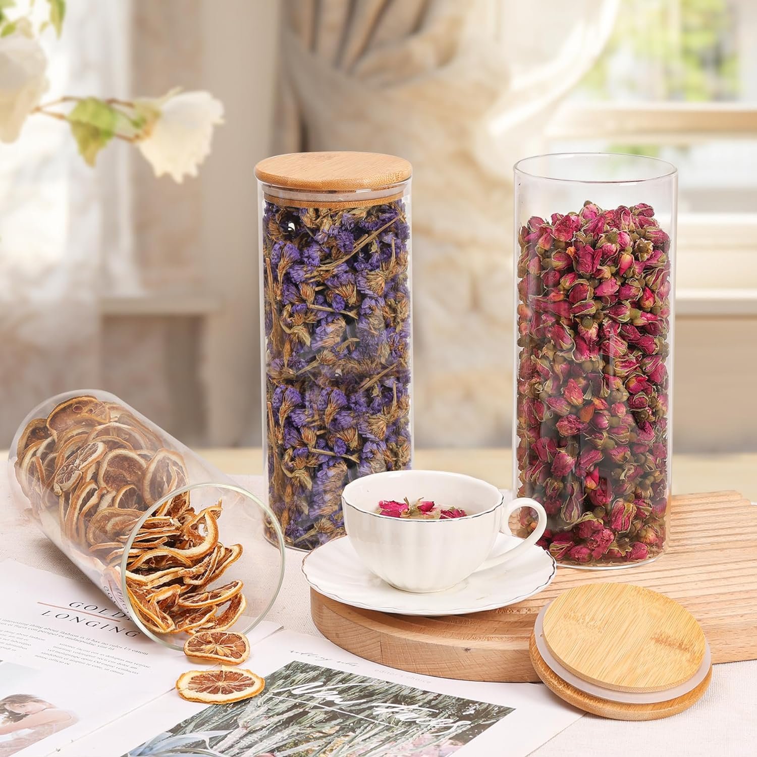 ComSaf Glass Food Storage Jars Set of 6, Tall Glass Storage Containers with Bamboo Lids, Canisters Sets for the kitchen, Spaghetti, Pasta, Flour, Nuts, Coffee and Sugar Container, Pantry Organization ComSaf Glass Food Storage Jars Set of 6, Tall Glass Storage Containers with Bamboo Lids, Canisters Sets for the kitchen, Spaghetti, Pasta, Flour, Nuts, Coffee and Sugar Container, Pantry Organization