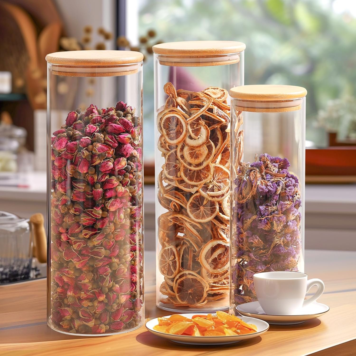 ComSaf Glass Food Storage Jars Set of 6, Tall Glass Storage Containers with Bamboo Lids, Canisters Sets for the kitchen, Spaghetti, Pasta, Flour, Nuts, Coffee and Sugar Container, Pantry Organization ComSaf Glass Food Storage Jars Set of 6, Tall Glass Storage Containers with Bamboo Lids, Canisters Sets for the kitchen, Spaghetti, Pasta, Flour, Nuts, Coffee and Sugar Container, Pantry Organization