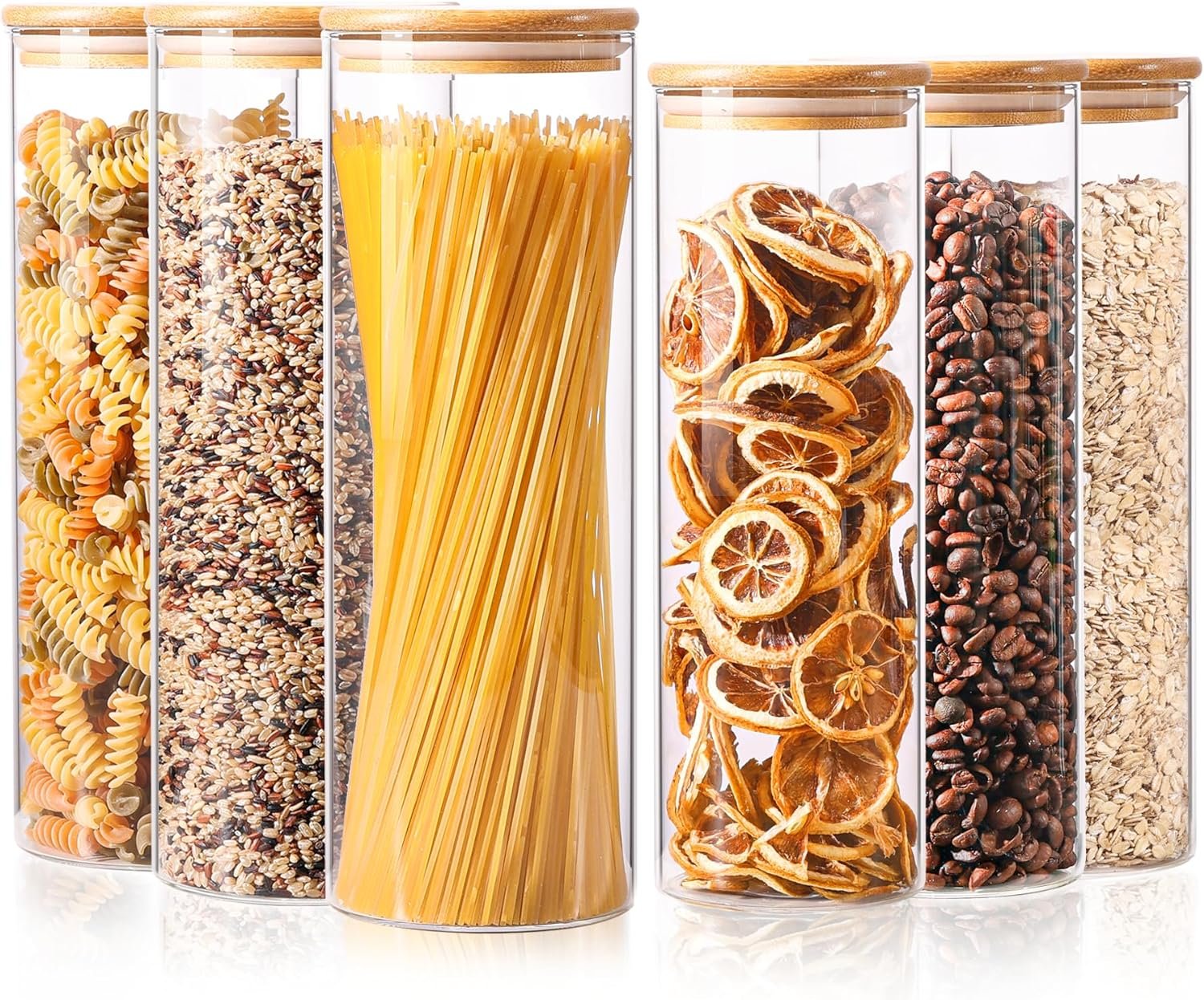 ComSaf Glass Food Storage Jars Set of 6, Tall Glass Storage Containers with Bamboo Lids, Canisters Sets for the kitchen, Spaghetti, Pasta, Flour, Nuts, Coffee and Sugar Container, Pantry Organization ComSaf Glass Food Storage Jars Set of 6, Tall Glass Storage Containers with Bamboo Lids, Canisters Sets for the kitchen, Spaghetti, Pasta, Flour, Nuts, Coffee and Sugar Container, Pantry Organization