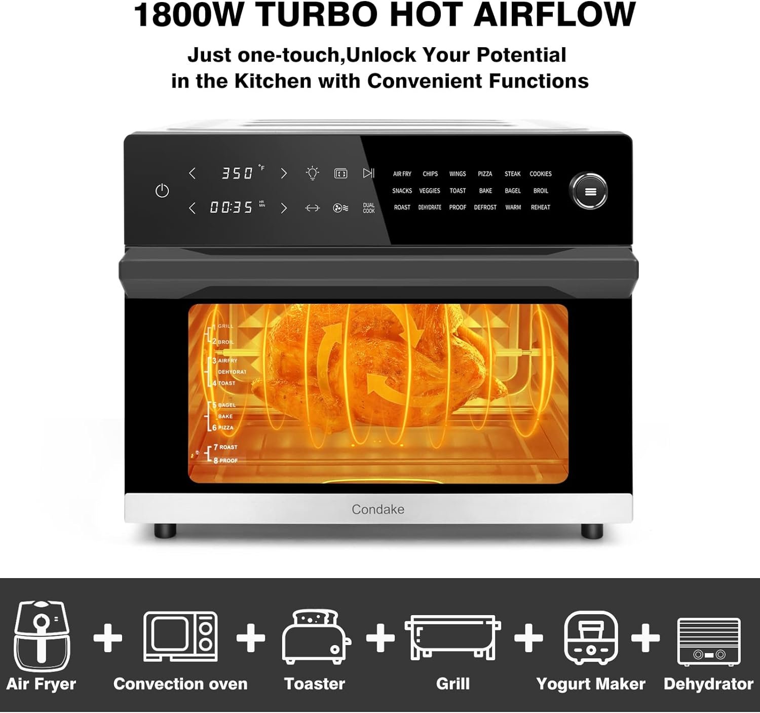 Condake 32QT Air Fryer Oven Toaster Oven Combo with Rotisserie 18-in-1 Convection Oven Countertop Digital Airfryer for Bake Broil Pizza Roast Toast Dehydrate,1800W,Stainless Steel,ETL certified