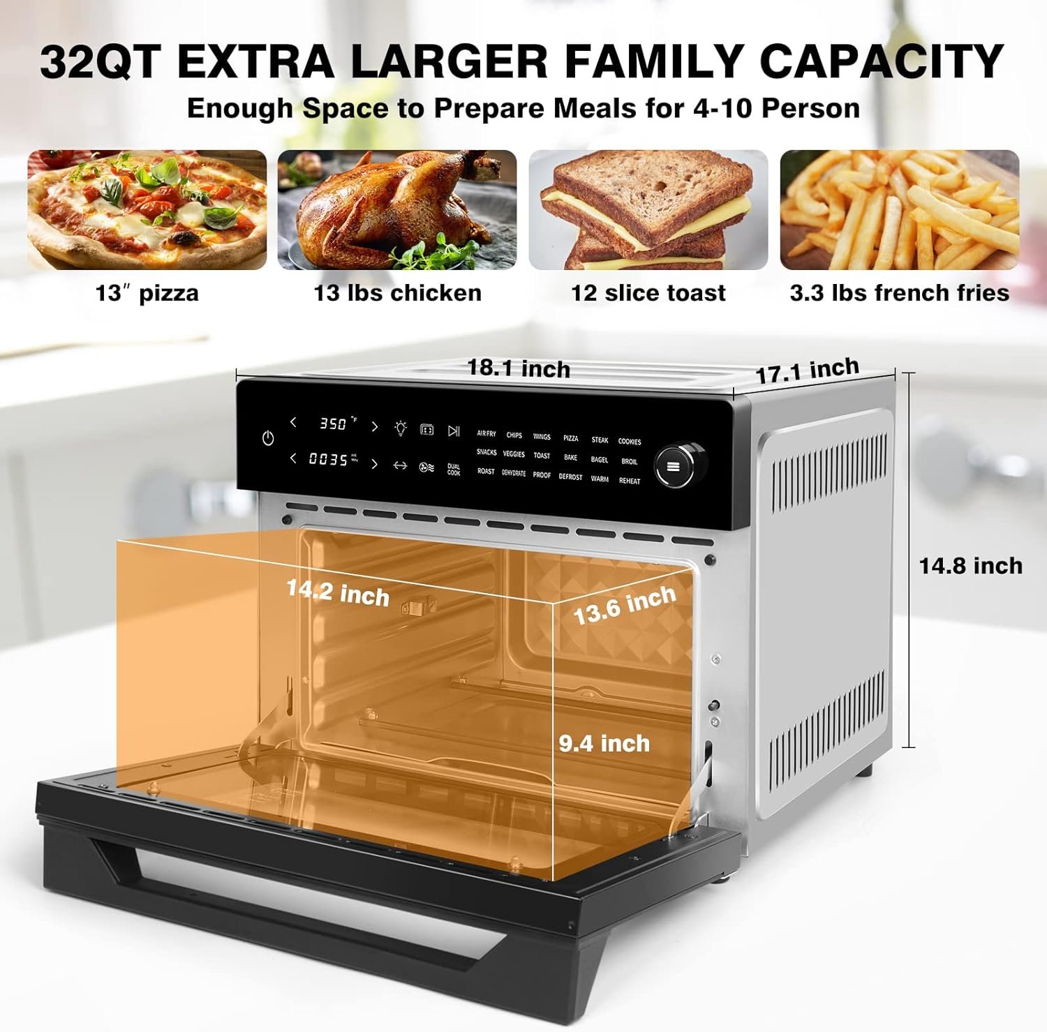 Condake 32QT Air Fryer Oven Toaster Oven Combo with Rotisserie 18-in-1 Convection Oven Countertop Digital Airfryer for Bake Broil Pizza Roast Toast Dehydrate,1800W,Stainless Steel,ETL certified