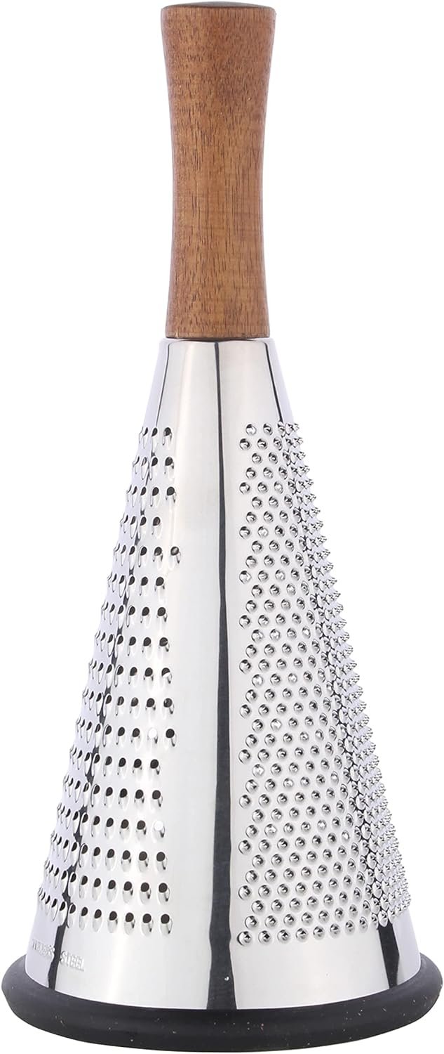Cone Cheese Grater with Handle - Stainless Steel Triple Function Wood Handle Parmesan Shaver Non-Slip Rubber Bottom Hand Held Multifunction Vegetables Cheese Grater with container(S: 7.7 X 3.5)