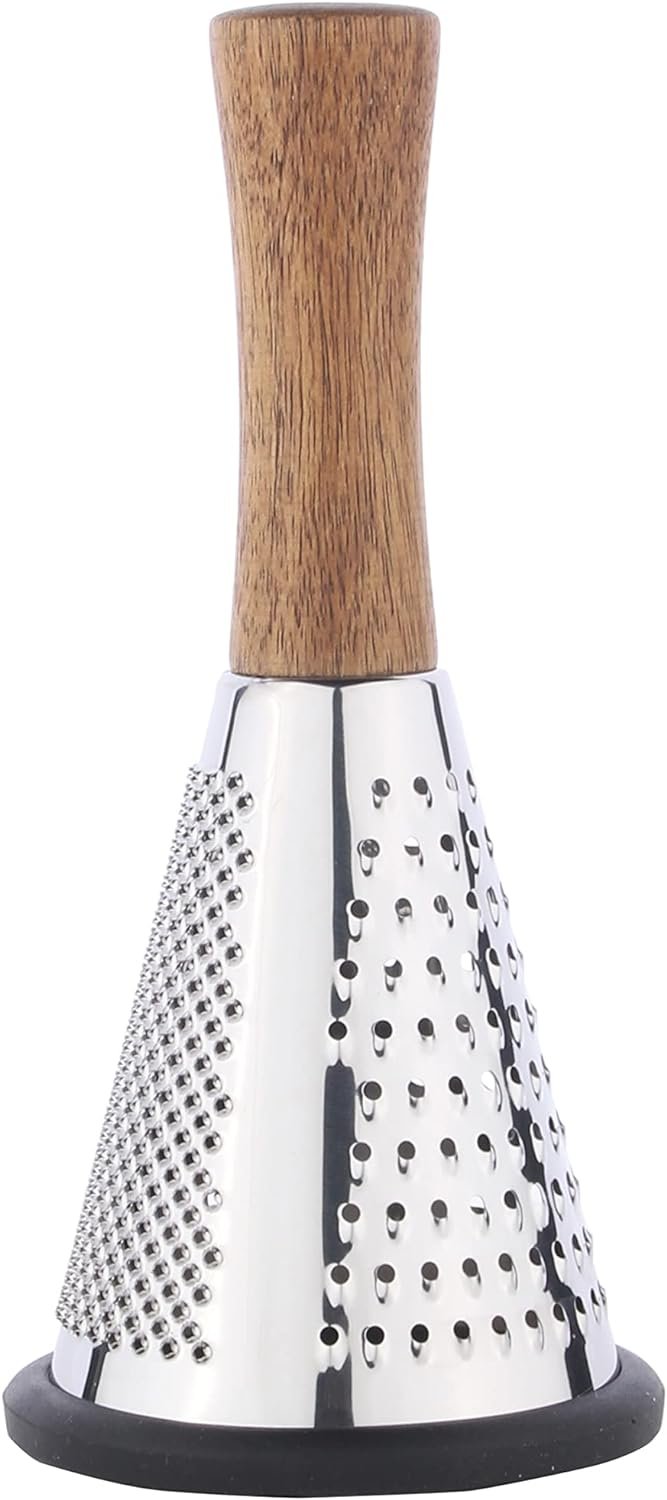 Cone Cheese Grater with Handle - Stainless Steel Triple Function Wood Handle Parmesan Shaver Non-Slip Rubber Bottom Hand Held Multifunction Vegetables Cheese Grater with container(S: 7.7 X 3.5)