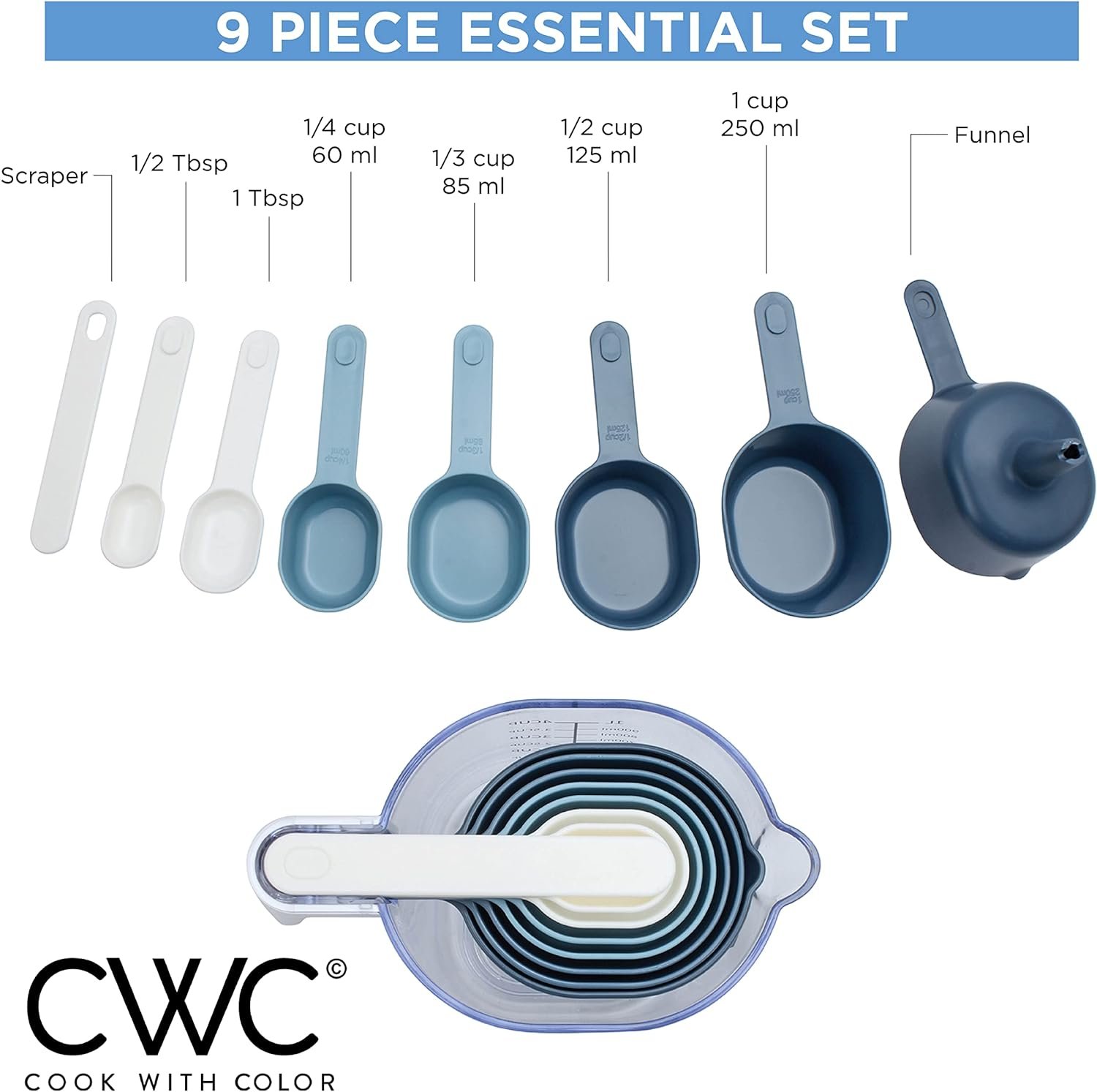 COOK WITH COLOR Measuring Cup Set - 9 PC. Nesting Stackable Liquid Measure Cup, Dry Measuring Cups and Spoons with Funnel and Scraper (Black) COOK WITH COLOR Measuring Cup Set - 9 PC. Nesting Stackable Liquid Measure Cup, Dry Measuring Cups and Spoons with Funnel and Scraper (Black)