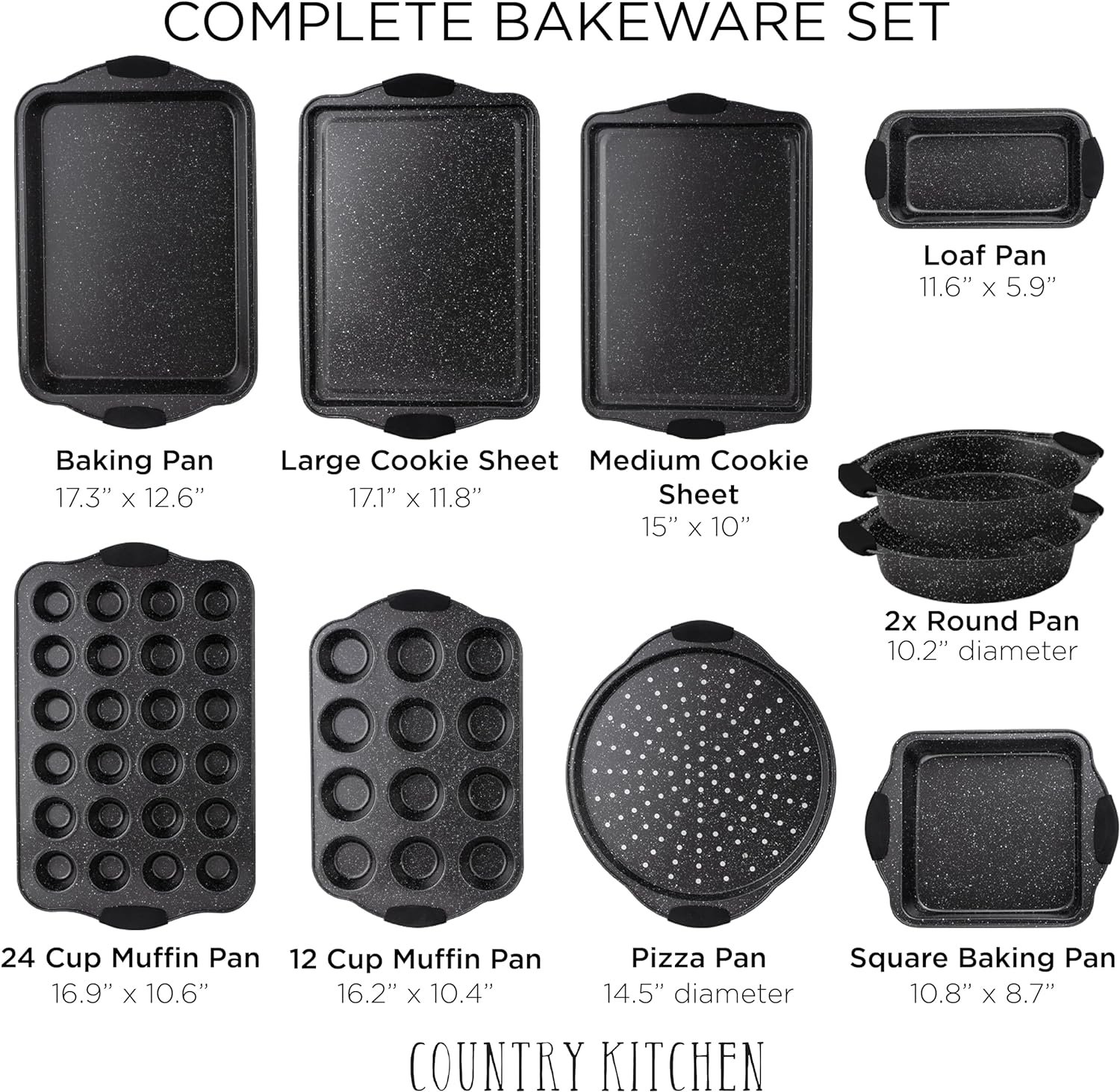 Country Kitchen 10-Piece Nonstick Stackable Bakeware Set - PFOA, PFOS, PTFE Free Baking Tray Set w/Non-Stick Coating, 450°F Oven Safe, Round Cake, Loaf, Muffin, Wide/Square Pans, Cookie Sheet