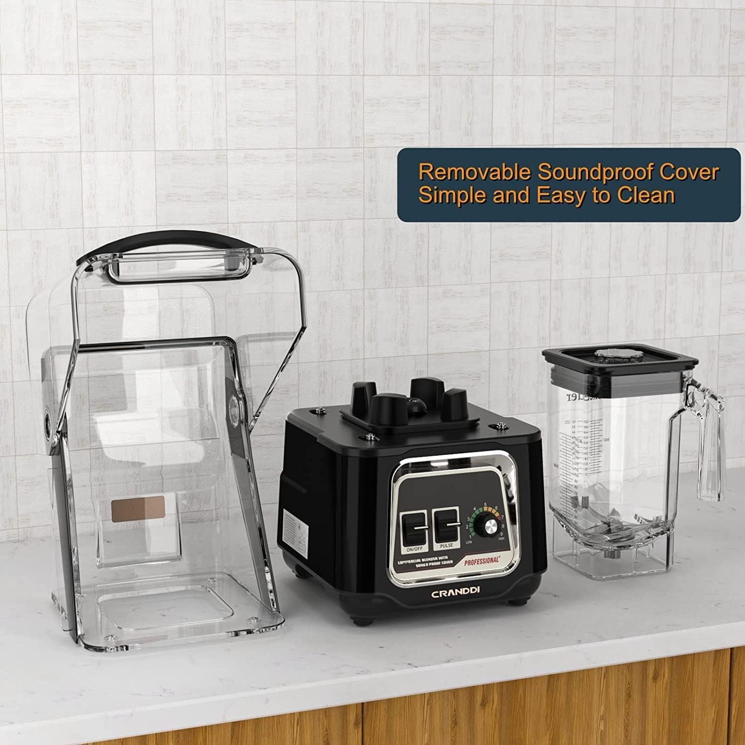 CRANDDI Professional Smoothie Blender, 2200W Commercial Soundproof Quiet blender with Removable Soundproof Shield for Crushing Ice, MilkShakes, Puree, Self-Cleaning, 50oz 110V K80 (Black)