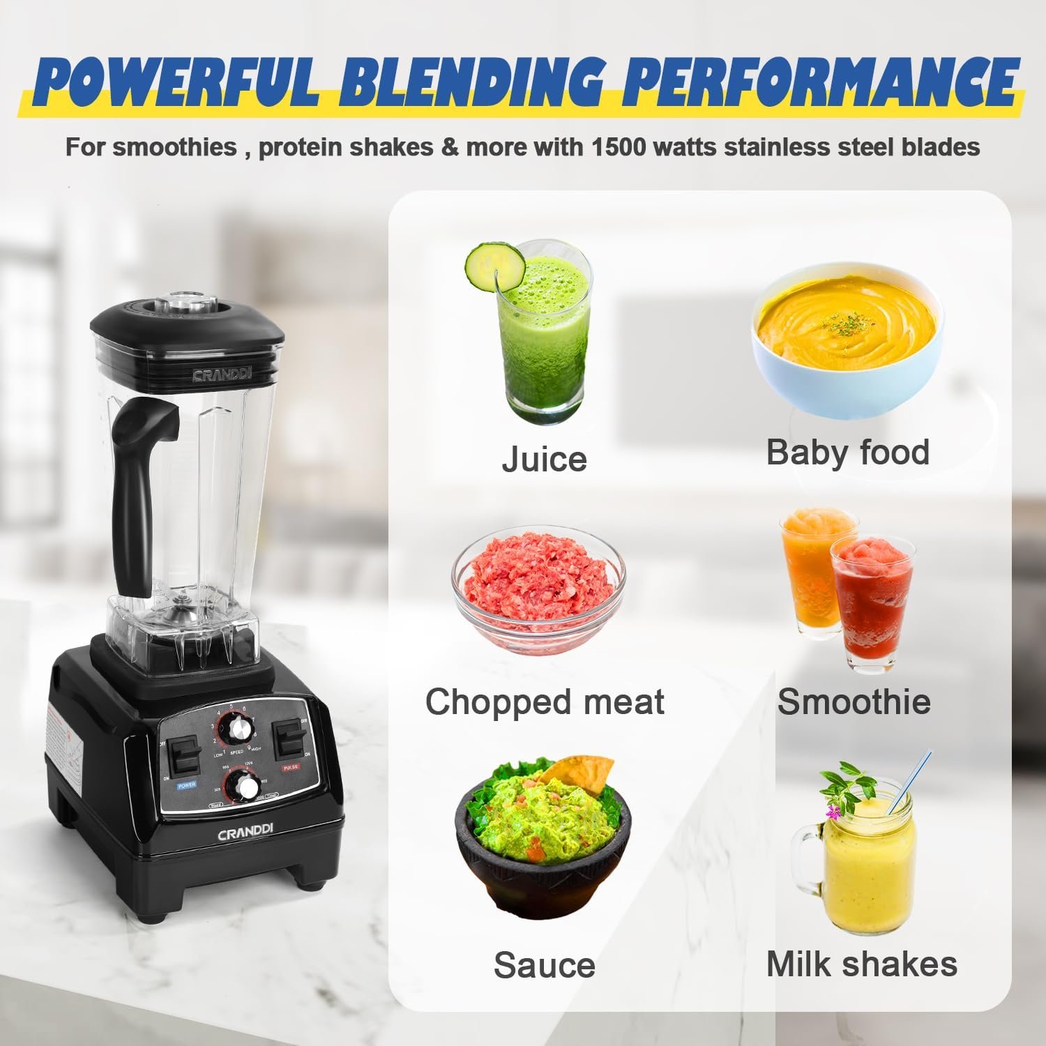 CRANDDI Professional Timed Blender, 1500 Watt Commercial Blenders for Kitchen with 70oz BPA-Free Pitcher and Tamper, Countertop Blenders for Shakes and Smoothies, Build-in Pulse, YL-011 Black CRANDDI Professional Timed Blender, 1500 Watt Commercial Blenders for Kitchen with 70oz BPA-Free Pitcher and Tamper, Countertop Blenders for Shakes and Smoothies, Build-in Pulse, YL-011 Black