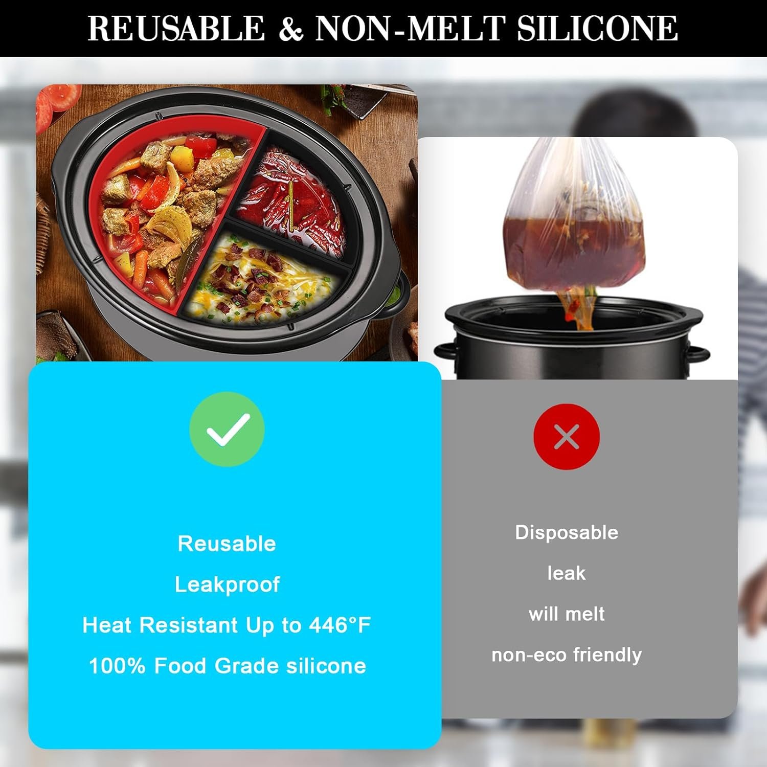 Crock Pot Dividers Silicone For Crock Pot 6-8 QT,Slow Cooker Divider Allows Cooking Two Different Meals At Once Time, Slow Cooker Silicone Liner Safe For Dishwasher, BPA Free