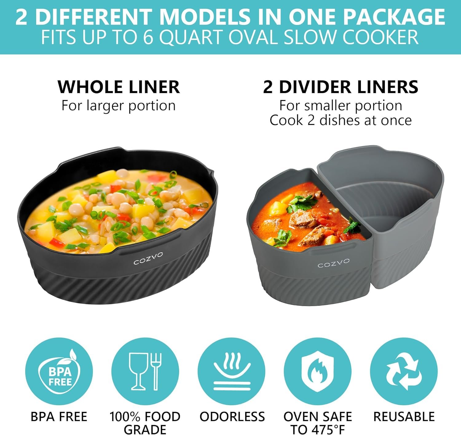 Crockpot Liner, Silicone Crockpot Liner Reusable, Crockpot Divider Insert, Crock Pot Dividers Silicone, Crock Pot Liners, Fit Oval Slow Cooker 6 Quart -COZVO 6pc-Slow Cooker Liners, Crockpot Liners