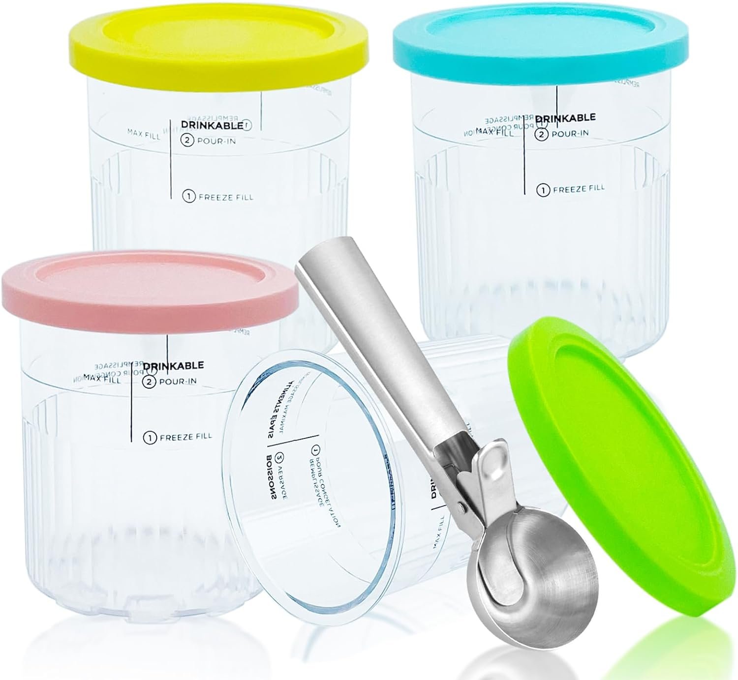CUTIECLUB 4 Ice Cream Pint Containers 24oz and Lids for Ninja Creami NC500 NC501 Series Deluxe ice Cream Makers, and Stainless Steel Ice Cream Scooper with Trigger Release Set