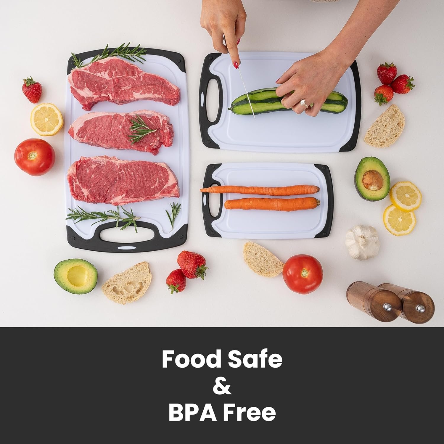 Cutting Boards for Kitchen, Plastic Cutting Board Set of Small to Large Size, Chopping Board with Cutting Board Holder - Non Slip, Groove, Dishwasher Safe, BPA Free - 3 Pack Black/White