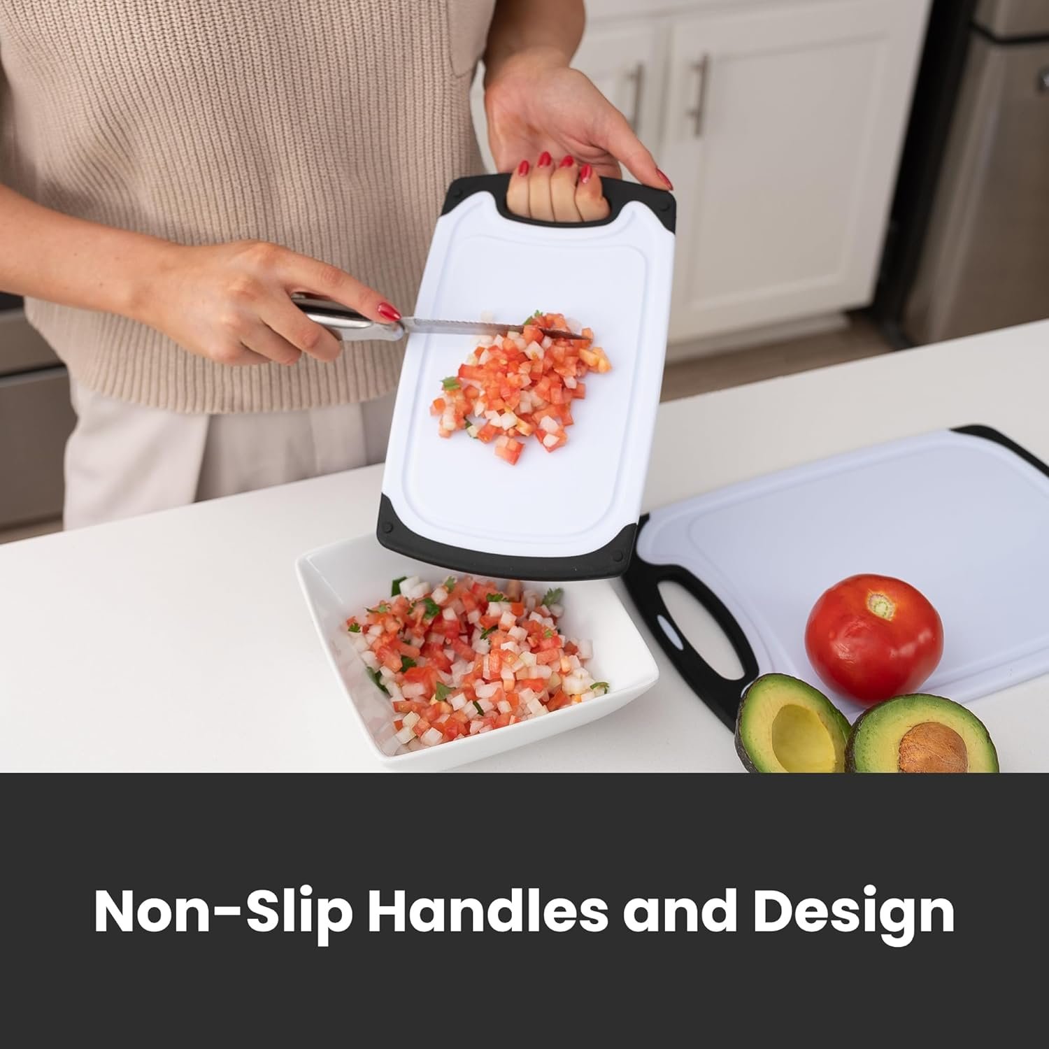 Cutting Boards for Kitchen, Plastic Cutting Board Set of Small to Large Size, Chopping Board with Cutting Board Holder - Non Slip, Groove, Dishwasher Safe, BPA Free - 3 Pack Black/White