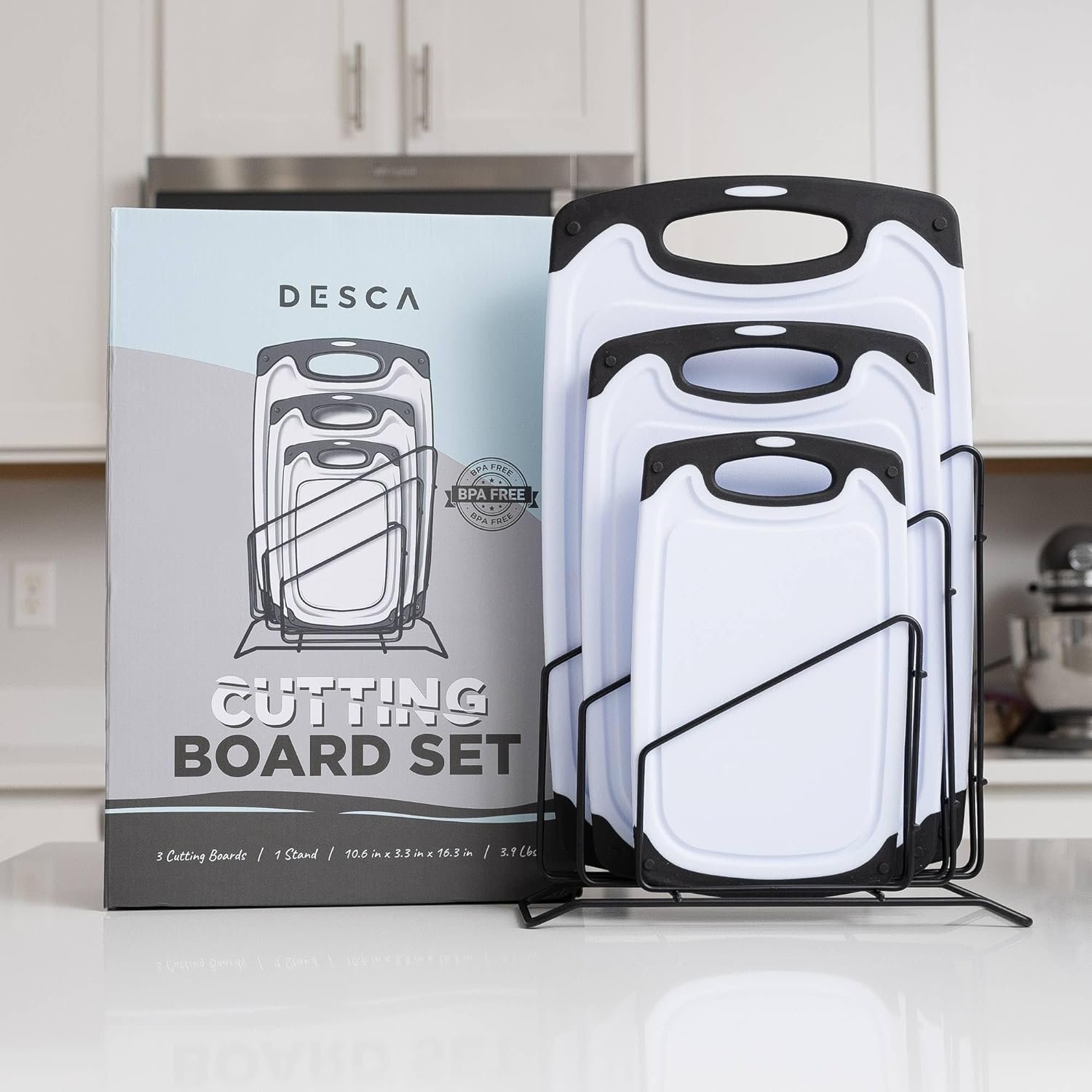 Cutting Boards for Kitchen, Plastic Cutting Board Set of Small to Large Size, Chopping Board with Cutting Board Holder - Non Slip, Groove, Dishwasher Safe, BPA Free - 3 Pack Black/White