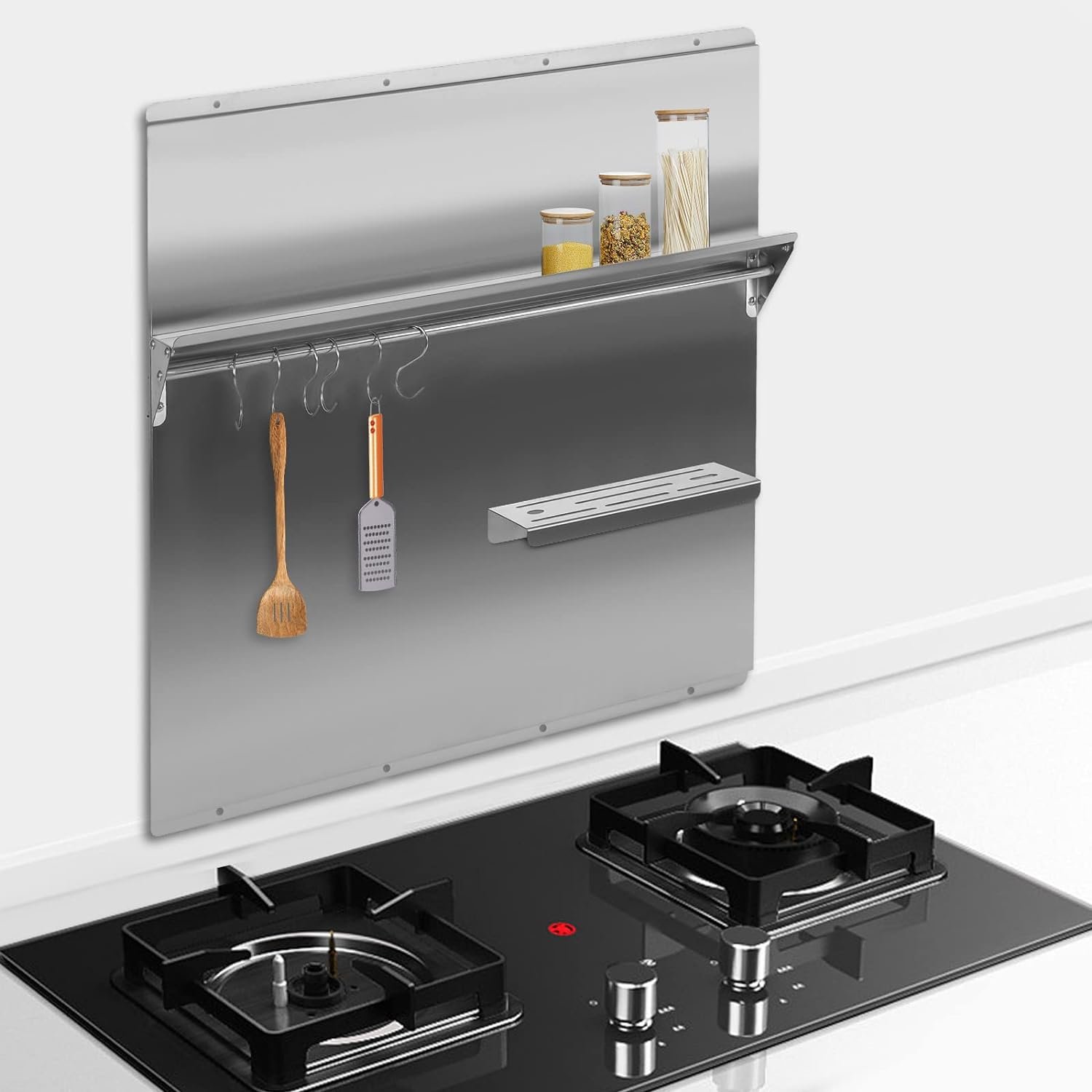 Cutycaty 30 x 30.7 Inch Range Backsplash with Shelf, Stainless Steel Backsplash Silver Splash Plate for Range Hood, Backsplash Splatter Guard Wall Shield Metal Panel Easy Clean and Install