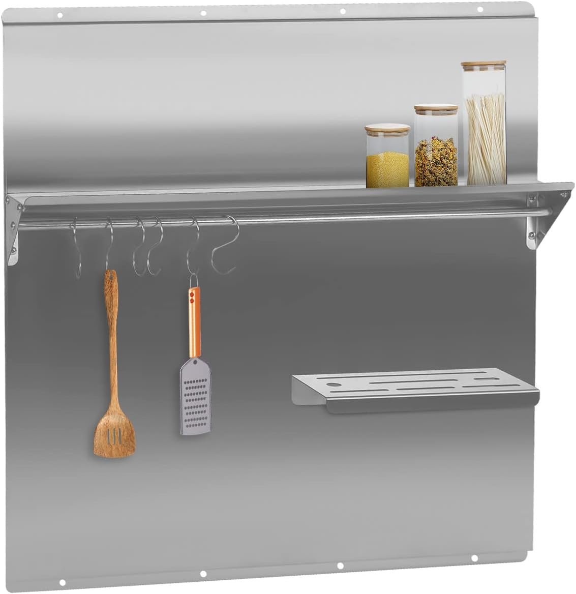 Cutycaty 30 x 30.7 Inch Range Backsplash with Shelf, Stainless Steel Backsplash Silver Splash Plate for Range Hood, Backsplash Splatter Guard Wall Shield Metal Panel Easy Clean and Install