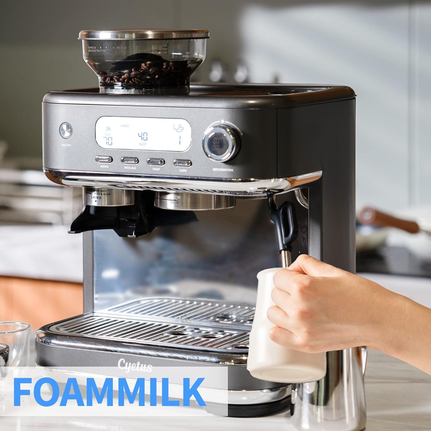 CYETUS Espresso Machine with Grinder for Home, LCD Display, 15s Heating, Barista Automatic Coffee Machines All In One, Latte Cappuccino Maker with Milk Frother, Brushed Stainless Steel, Metalic Grey CYETUS Espresso Machine with Grinder for Home, LCD Display, 15s Heating, Barista Automatic Coffee Machines All In One, Latte Cappuccino Maker with Milk Frother, Brushed Stainless Steel, Metalic Grey