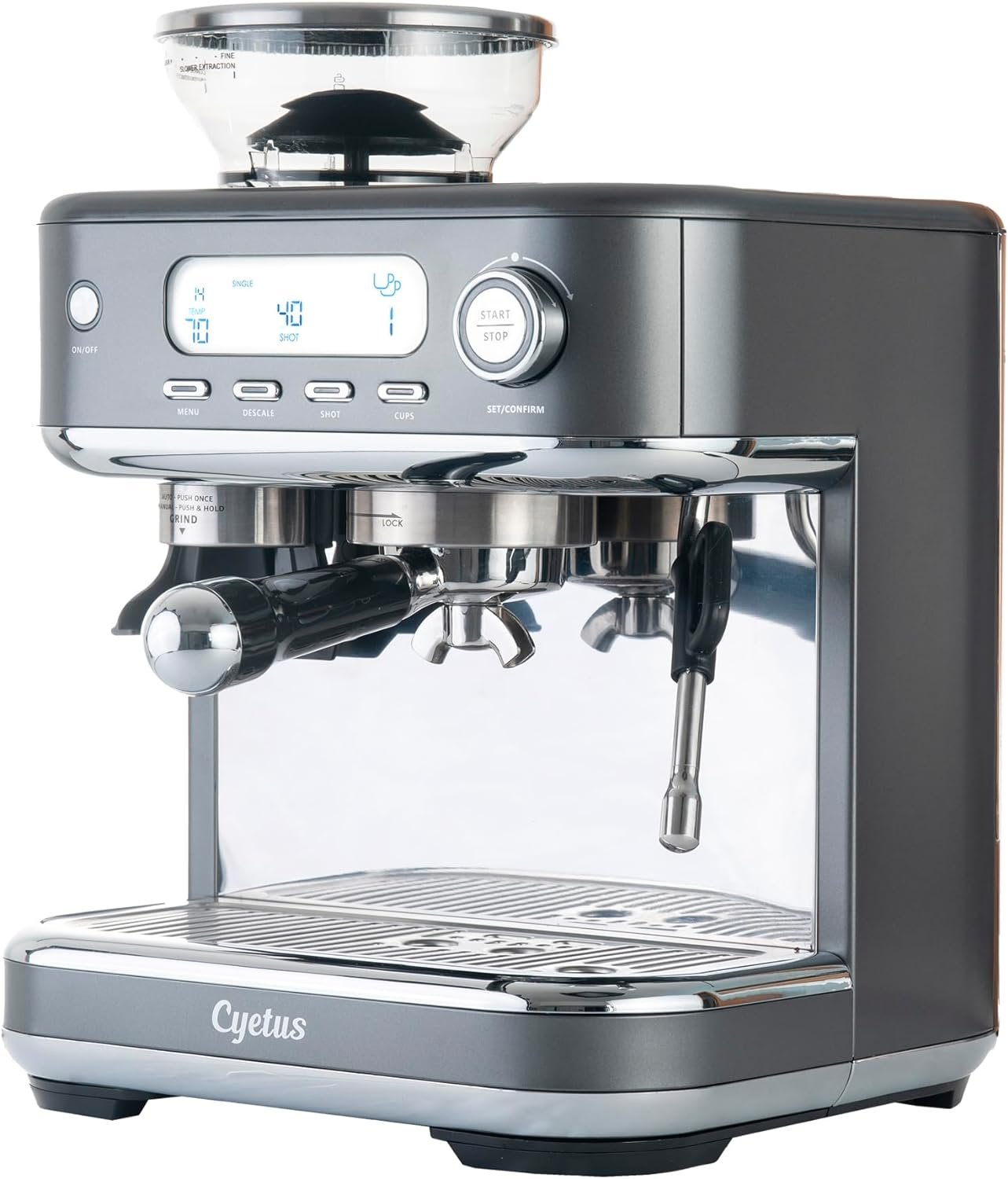 CYETUS Espresso Machine with Grinder for Home, LCD Display, 15s Heating, Barista Automatic Coffee Machines All In One, Latte Cappuccino Maker with Milk Frother, Brushed Stainless Steel, Metalic Grey CYETUS Espresso Machine with Grinder for Home, LCD Display, 15s Heating, Barista Automatic Coffee Machines All In One, Latte Cappuccino Maker with Milk Frother, Brushed Stainless Steel, Metalic Grey