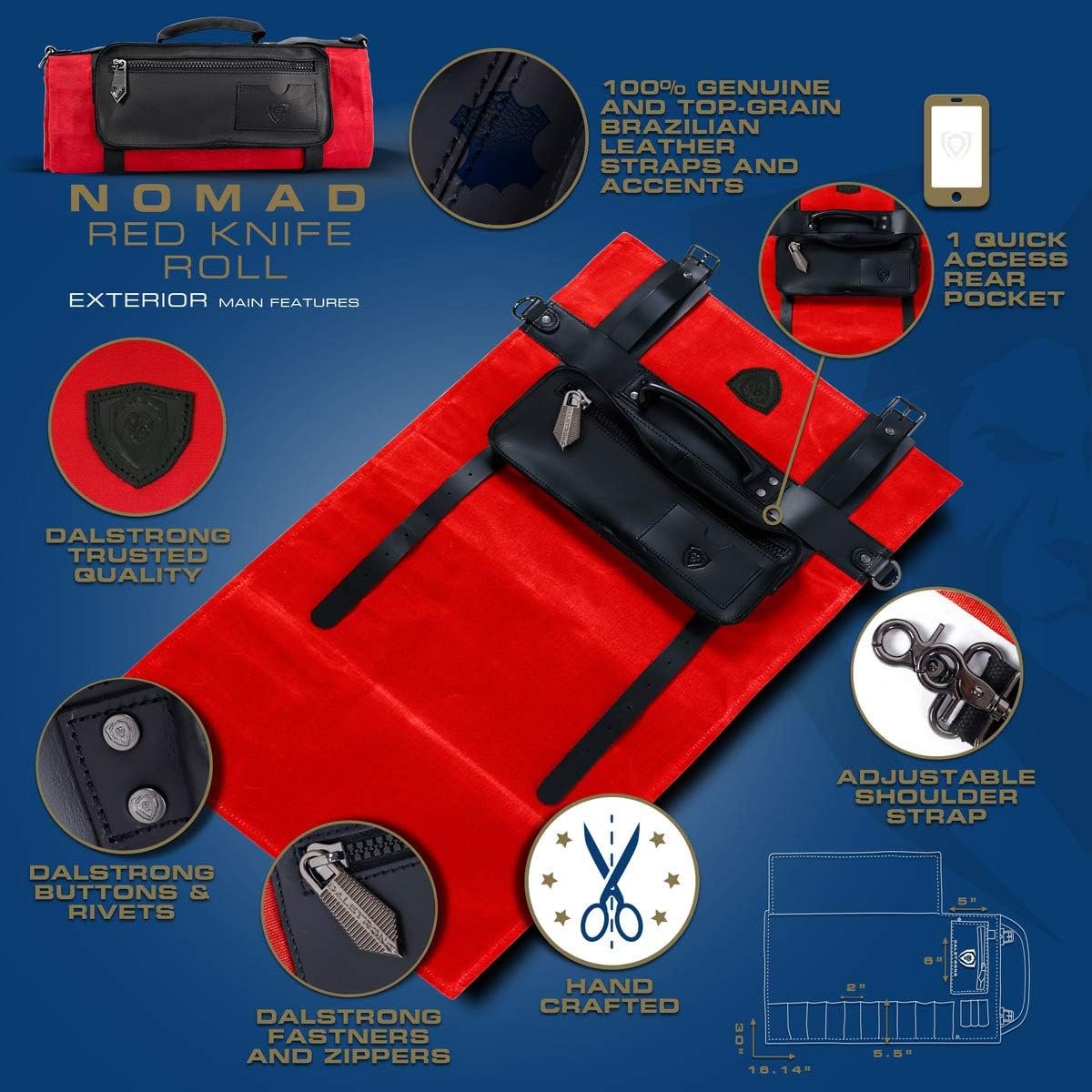 Dalstrong - Nomad Knife Roll - 12oz Heavy Duty Canvas  Top Grain Leather Roll Bag - 13 Slots - Interior and Rear Zippered Pockets - Blade Travel Storage/Case