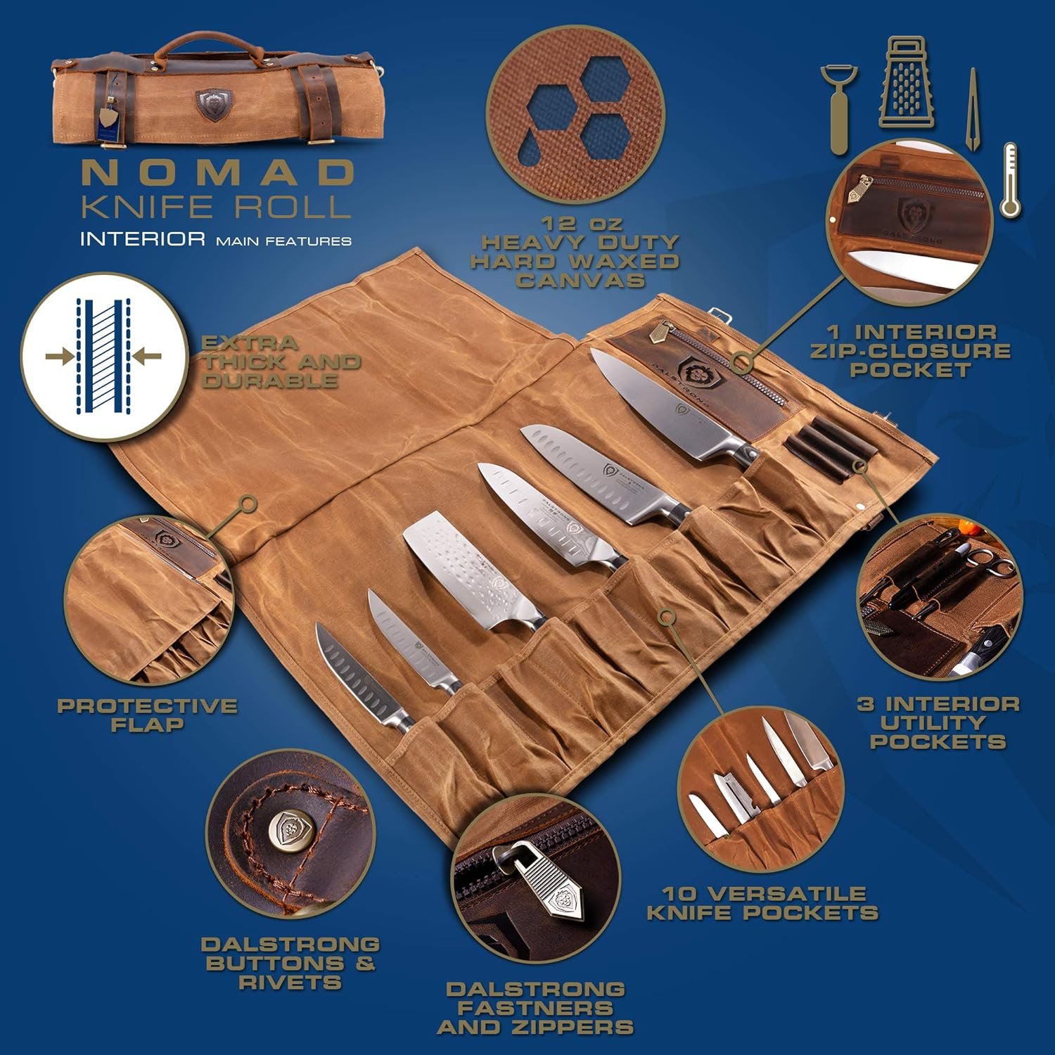 dalstrong-nomad-knife-roll-12oz-heavy-duty-canvas-top-grain-leather-roll-bag-13-slots-interior-and-rear-zippered-pockets - Cooking Appliance World