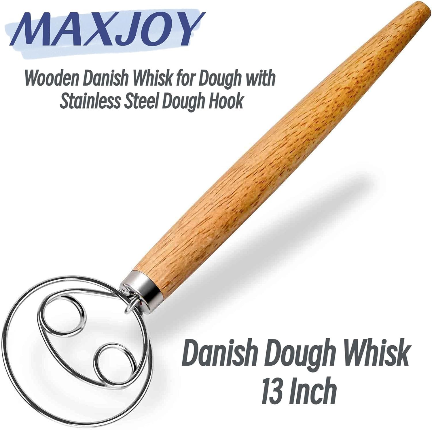 Danish Dough Whisk Stainless Steel Dough Hook Dutch Style Bread Dough Mixer Wooden Handle for Sourdough and Bread Dough Making Mixing Whisking Tool,Bread Whisk 13 Inch