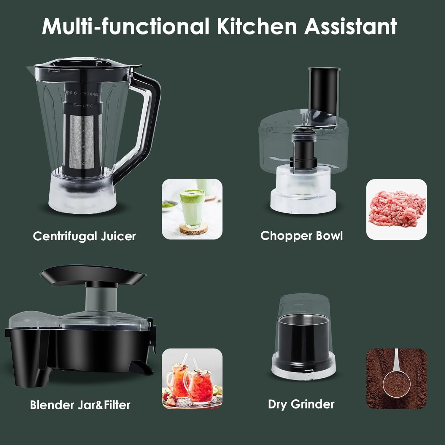 Davivy Food Processors Combo,Centrifugal Juicer,3CUP Electric Food Processor, 50 Oz Smoothie Blender,5 Oz Dry Grinder for BeansNutsSpice Powder,450W,Black (Centrifugal Juicer Blender Grinder Combo)
