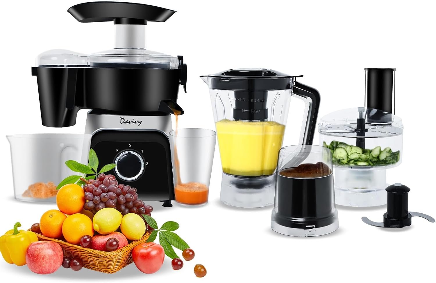 Davivy Food Processors Combo,Centrifugal Juicer,3CUP Electric Food Processor, 50 Oz Smoothie Blender,5 Oz Dry Grinder for BeansNutsSpice Powder,450W,Black (Centrifugal Juicer Blender Grinder Combo)